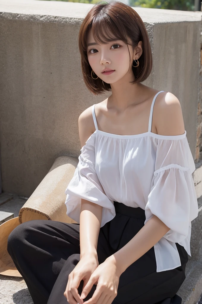 A sophisticated 1 Japanese girl with long, sleek black hair and natural makeup, wearing a loose-fitting, light beige linen sleeveless blouse with a deep V-neck and subtle wrinkles, paired with high-waisted white wide-leg pants that reach her ankles. She accessorizes with a long silver pendant necklace and large, statement silver earrings. She stands confidently against a minimalist white wall, with soft sunlight streaming in from a window, creating a relaxed and chic atmosphere. Photorealistic style, natural lighting, 50mm lens, shallow depth of field.
