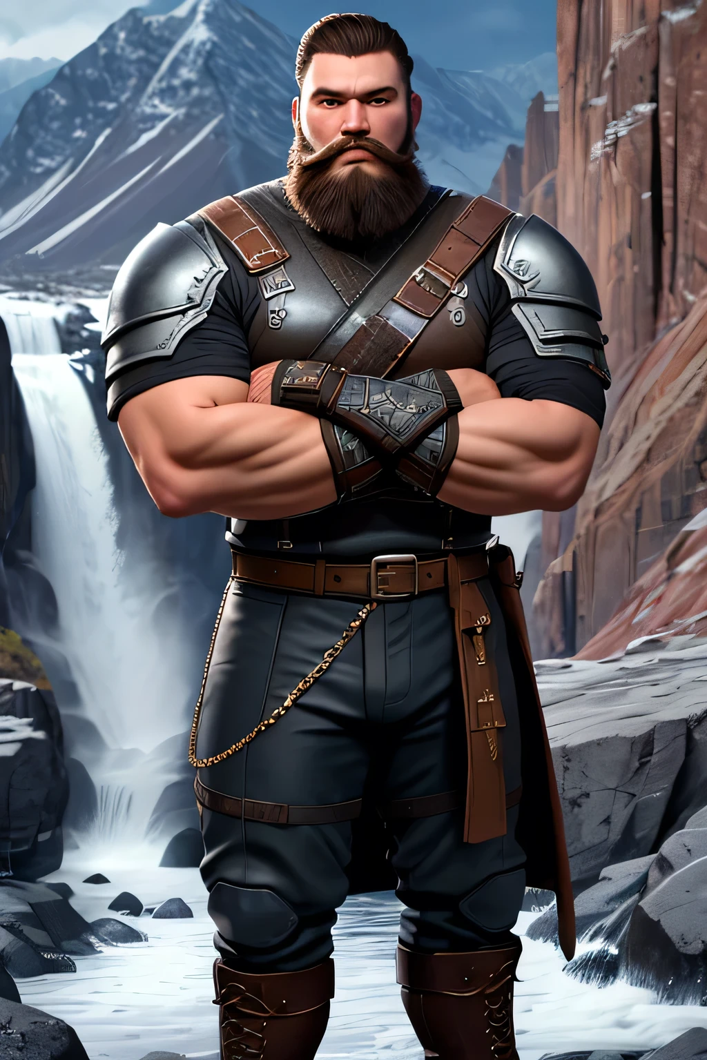 close up 1man in, bearded, Solo, brown hair, messy brown hair, short hair, dark eyes,  taned skin, heavy set, big boned, strong, thick body, manicured beard, grey strip in beard, detailed skin, neutral face, (wearing Hunter armor, leather pants, van braces, big boots, fingerless gloves: 1.1), (crossing arms: 1.22), (detailed mountainous background:1.1), valley, overlooking waterfall, 4k textures, soft light, elegant, highly detailed, sharp focus, soothing tones, insane details, intricate details, hyperdetailed, low contrast, exposure blend, hdr, faded