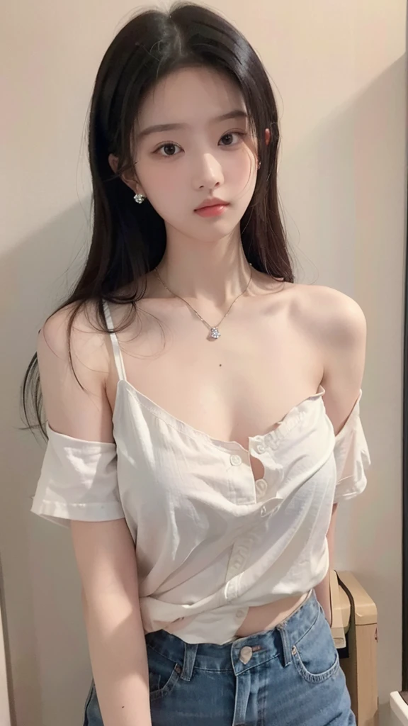 (masterpiece:1.2), actual, 18 years old photo.o girl wearing loose shirt(The shirt is unbuttoned), half, best quality, Large Breasts, Bare shoulders, Clive Arch, National Foundation, [[Hands behind back]], earrings, Full shirt, Black necklace, solitary, [SFW]，Leaking nipples