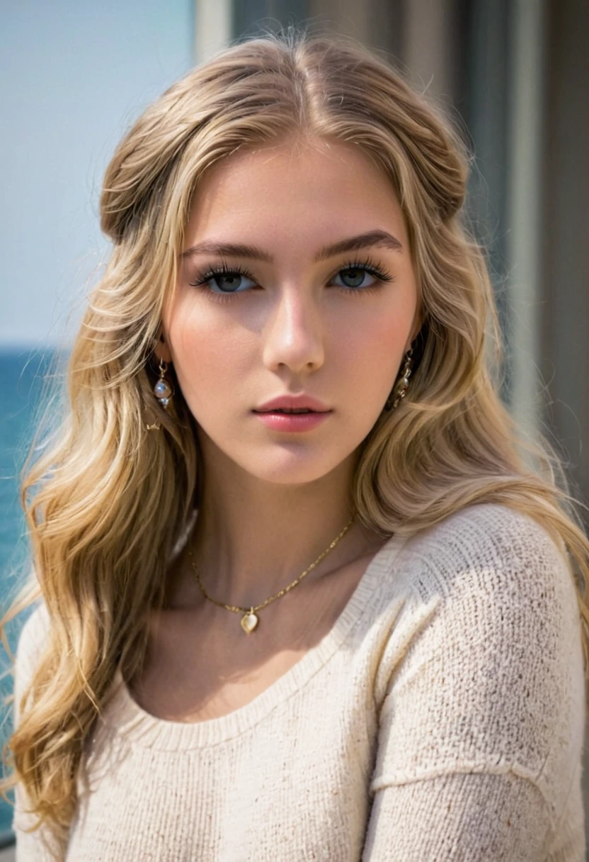 1 fille dans, 19 ans, seulement, cheveux longs, Colossal , regarder le spectateur, cheveux blond, yeux marrons, bijoux, Tout le corps, un collier, hors des épaules, Chandails, réaliste, voyage ,Capturez cette image avec une photographie haute résolution à l'aide d'un objectif 100 mm pour une perspective flatteuse. photo prise de coté ou de profil
