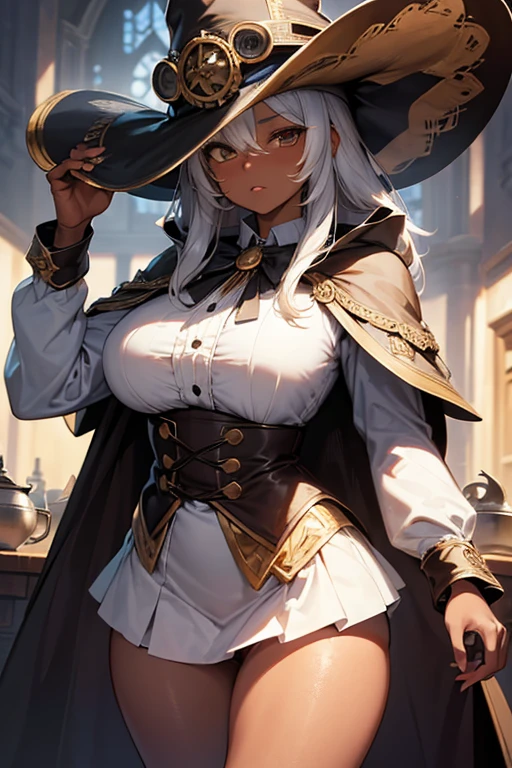 (masterpiece:1.2),Detailed explanation, Awards, high quality, High resolution, HD, 4K,8K,high quality,(professional illustration:1.1),(Chewy breasts,tender breasts:1.3),large breasts,close up face,Thighs focus,(dark skin:1.2),white hair,(loli:1.4),(cape,poncho:1.2 ),Fuzz hair,Flowing hair,military uniform,(blouse:1.3),sorcerer,Alchemist,pirate,huge hat,wizard hat,(hide your eyes with a hat),underbust,intricate details,elaborate clothing,long paleo ,steampunk,monocle