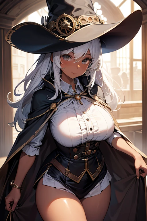 (masterpiece:1.2),Detailed explanation, Awards, high quality, High resolution, HD, 4K,8K,high quality,(professional illustration:1.1),(Chewy breasts,tender breasts:1.3),large breasts,close up face,Thighs focus,(dark skin:1.2),white hair,(****:1.4),(cape,poncho:1.2 ),Fuzz hair,Flowing hair,military uniform,(blouse:1.3),sorcerer,Alchemist,pirate,huge hat,wizard hat,(hide your eyes with a hat),underbust,intricate details,elaborate clothing,long paleo ,steampunk,monocle