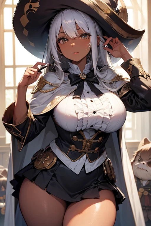 (masterpiece:1.2),Detailed explanation, Awards, high quality, High resolution, HD, 4K,8K,high quality,(professional illustration:1.1),(Chewy breasts,tender breasts:1.3),large breasts,close up face,Thighs focus,(dark skin:1.2),white hair,(li:1.4),(cape,poncho:1.2 ),Fuzz hair,Flowing hair,military uniform,(blouse:1.3),sorcerer,Alchemist,pirate,huge hat,wizard hat,(hide your eyes with a hat),underbust,intricate details,elaborate clothing,long paleo ,steampunk,monocle