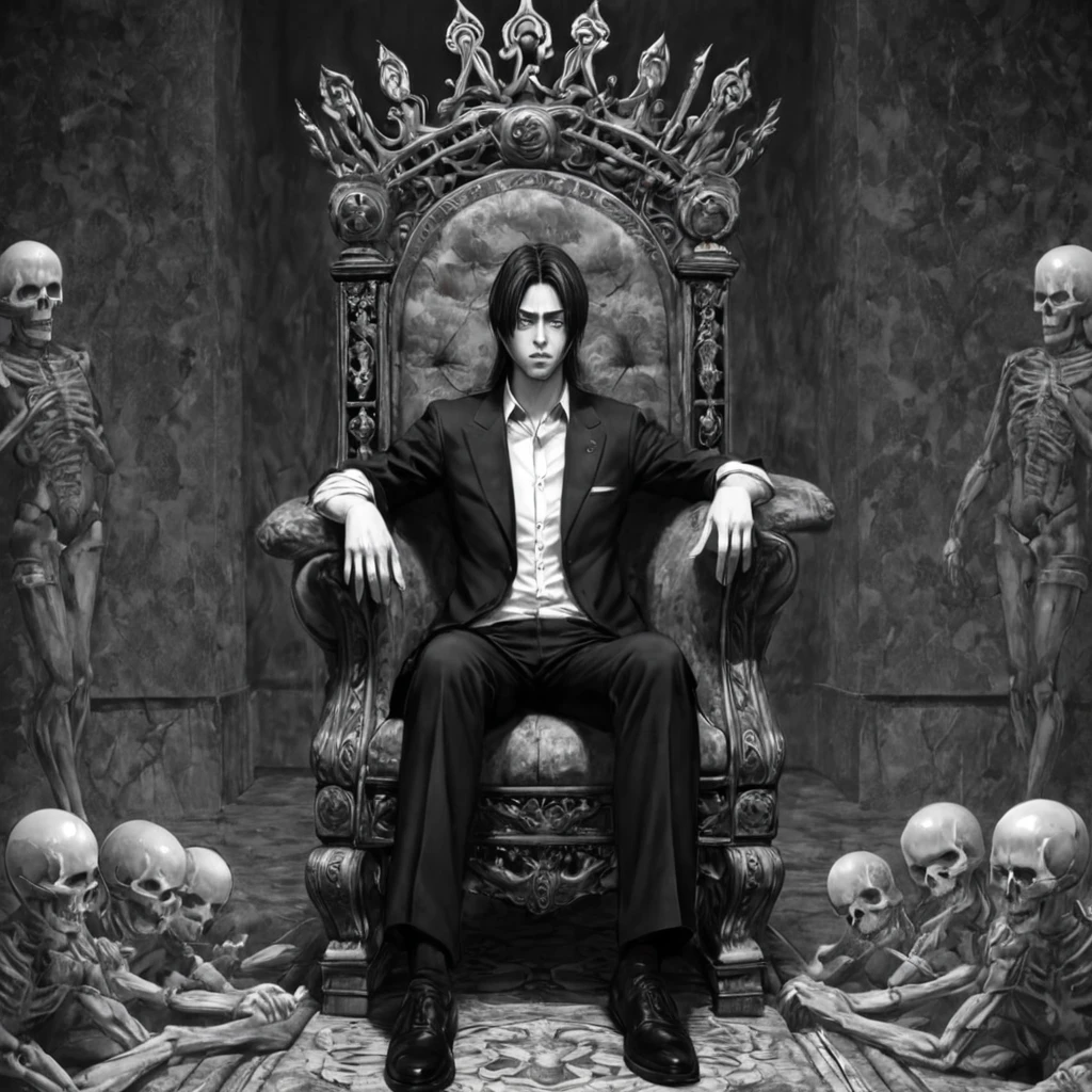 1king, sitting on the throne, (anime), bizarre scenario, This is Junji, Yusuke Murata, black and white, 8K, anime, horror