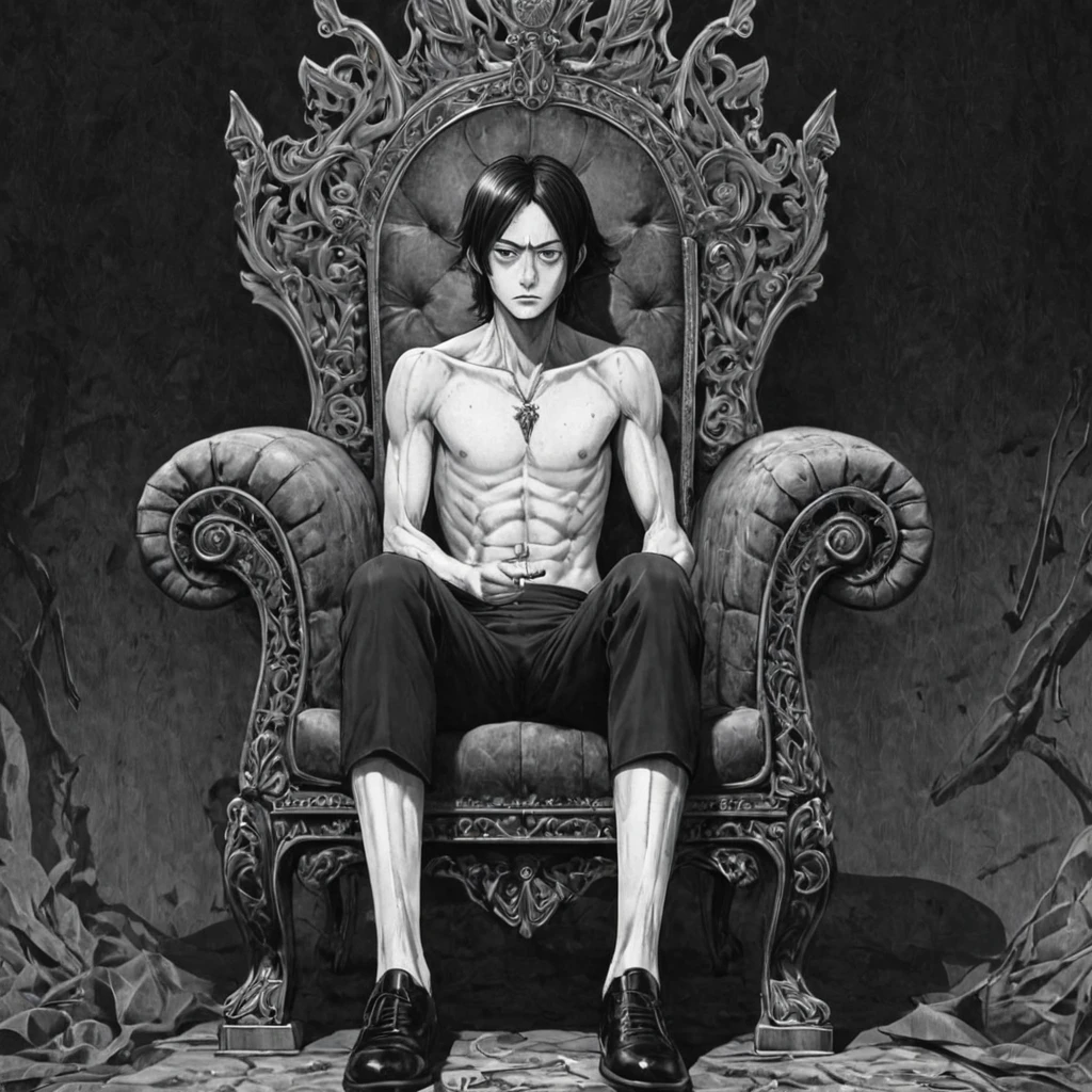 1king, sitting on the throne, (anime), bizarre scenario, This is Junji, Yusuke Murata, black and white, 8K, anime, horror