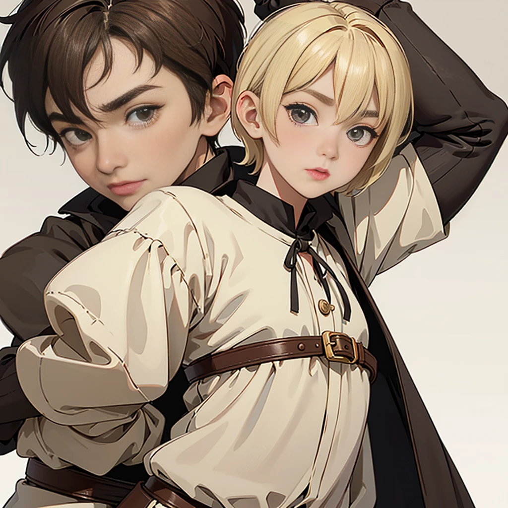 ((expressions sheet)), (simplified face portrait), (half-body), (solo), (1boy), His face is a mix of Asian and Western, Pixie cut hair style, blonde hair color, hazel eyes, big eyes, droopy eyebrows, small lips, medieval clothes, belts, villager, there is a burn on his neck