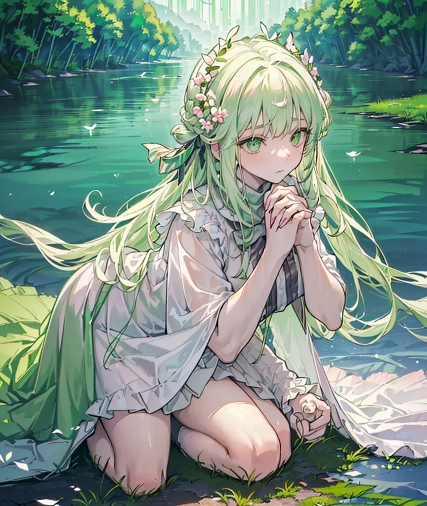 ((((Outdooring,The wilderness, pond, lake)), 1girl, calm, sitting, (((Verdant Huntress)), (fairy:, pale skin, long hair, ((green eyes)), ((radiant aura)), ((strength emanating from the whole)), pink bow, green clothes, (natural attire), (( accessories)), ((lighting:1.2), soft, gentle, peaceful)), ((centered)), (wide shot), facing viewer, ((pond ripples,))(((wolf pack:0.5))), ((kneeling)), ((resting hands, hands on knees,))), hands folded, (curl knees), looking down, focusing on the natural world, ((serene face,)) friendly, harmonious), (soft focus), (under natural lighting), raised head, peaceful back), ((((goddess)), fair weather), ((spring-like atmosphere)), wind, blowing, the trees, guardrail)