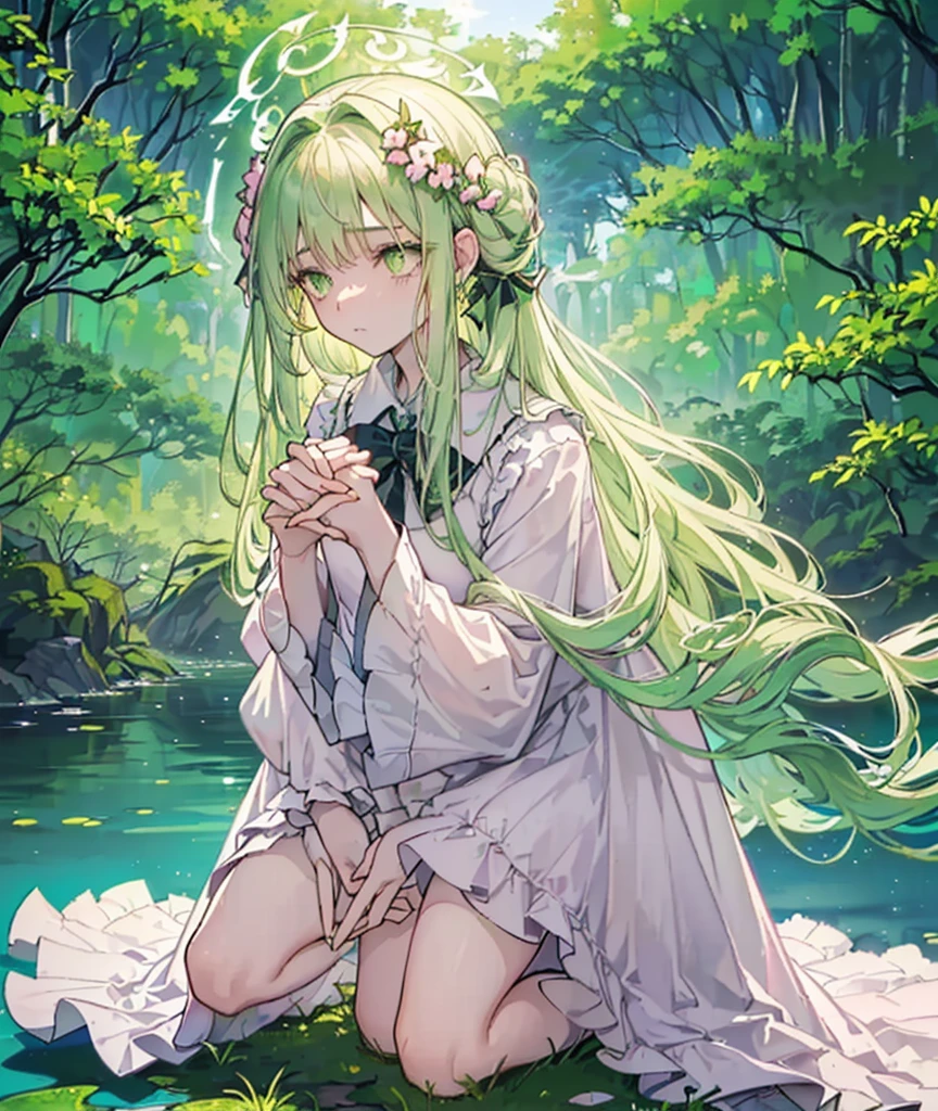 ((((Outdooring,The wilderness, pond, lake)), 1girl, calm, sitting, (((Verdant Huntress)), (fairy:, pale skin, long hair, ((green eyes)), ((radiant aura)), ((strength emanating from the whole)), pink bow, green clothes, (natural attire), (( accessories)), ((lighting:1.2), soft, gentle, peaceful)), ((centered)), (wide shot), facing viewer, ((pond ripples,))(((wolf pack:0.5))), ((kneeling)), ((resting hands, hands on knees,))), hands folded, (curl knees), looking down, focusing on the natural world, ((serene face,)) friendly, harmonious), (soft focus), (under natural lighting), raised head, peaceful back), ((((goddess)), fair weather), ((spring-like atmosphere)), wind, blowing, the trees, guardrail)