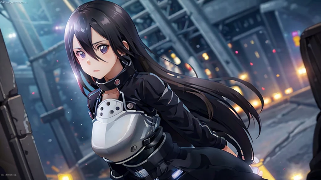 1 girl, cowboy shot, beautiful Kirito_GMOs, long hair, black hair, black eyes, on open air, Kirito_suit, night,city , volumetric lighting, Best quality, masterpiece, complex parts, tone mapping, sharp focus, hyper detailed, trending on artstation