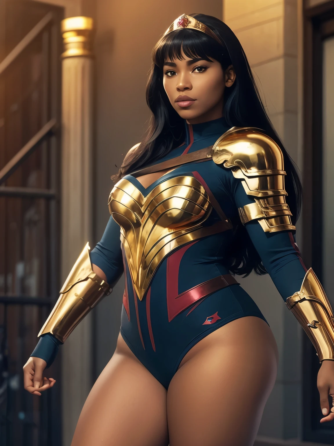 1girl, solo, Yara Flor, (Dark-skinned female), black hair, long hair, tiara, leotard, armor, mole under eye, gold boots, perfect costume, perfect curves, beautiful and stunning face