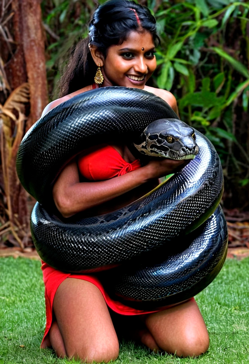  Happy Horny, aroused 1girl), beautiful kneeling indian thick young  girl  with  giant colossal black titanboa squeezing her hard, wrapped in thick spiraling coils, constricted, struggle, gasping for air, snake attack, snake peril, moonless night, dim light