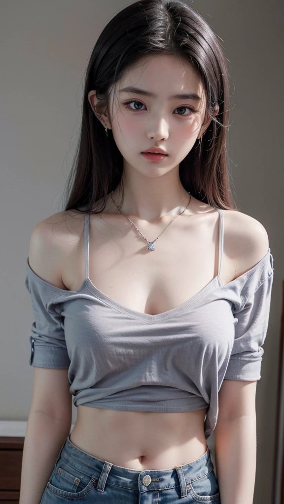 (masterpiece:1.2), actual, 18 years old photo.o girl wearing loose shirt(The shirt is unbuttoned), half, best quality, Large Breasts, Bare shoulders, Clive Arch, National Foundation, [[Hands behind back]], earrings, Full shirt, Black necklace, solitary, [SFW]，Leaking nipples