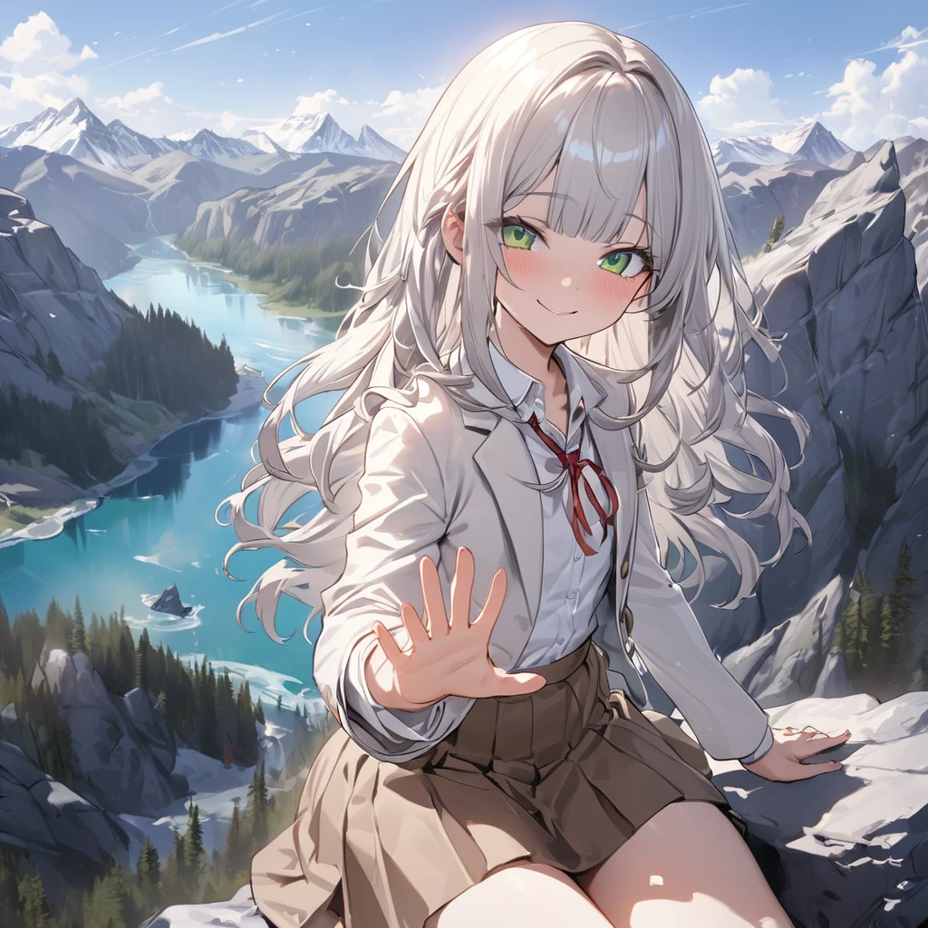 ((Masterpiece)), ((best quality)), (Anime:1.3), (super detail:1.2), (High Definition:1.3), (Professional Photography:1.3), (wide shot), (sharp focus), (perfect light), (()), (Healthy slim body), 8K, Textured skin, cinematic lighting, (1girl), short stature, ((cute teenage younose blunt bangs), slightly loose curls hair, (breasts length hair), pale silver hair, ((naughty smile)), (cute green eyes), drooping eyes, slender waist, ((pale Ivory blazer of school uniform)), (white blouse), put on red string ribbon, (brown skirt), BREAK, ((best quality)), (super detail:1.2), sunnyday, Beautiful Cliffs over 100 meters above sea level, reaching hand, (Relaxed sitting on the edge of great rock), ((Canadian Rockies)), summerday, Beautiful Mountains Background,