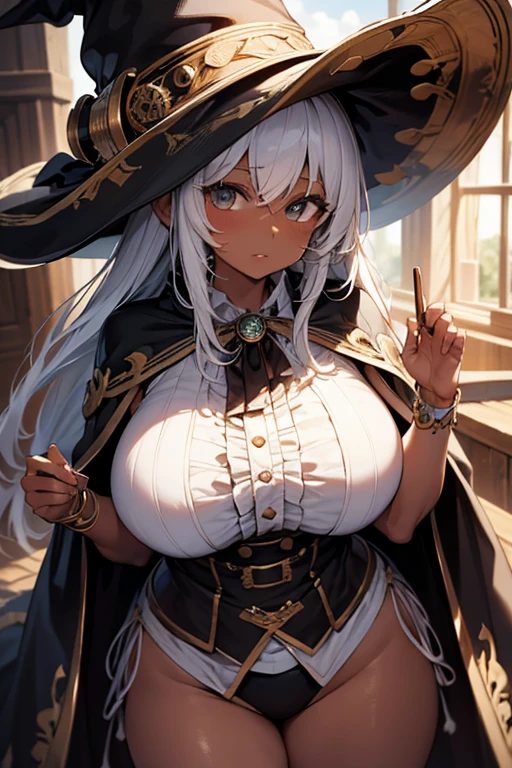 (masterpiece:1.2),Detailed explanation, Awards, high quality, High resolution, HD, 4K,8K,high quality,(professional illustration:1.1),(Chewy breasts,tender breasts:1.3),large breasts,close up face,Thighs focus,(dark skin:1.2),white hair,(:1.4),(cape,poncho:1.2 ),Fuzz hair,Flowing hair,military uniform,(blouse:1.3),sorcerer,Alchemist,pirate,huge hat,wizard hat,(hide your eyes with a hat),underbust,intricate details,elaborate clothing,long paleo ,steampunk,monocle,odd eye