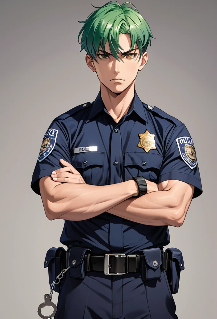 Man, short green hair, Very short hair, Brown eyes, Serious eyes, Athletic body, Athletic build
Police uniform, police uniform, blue police uniform, handcuffs on the belt, handcuffs