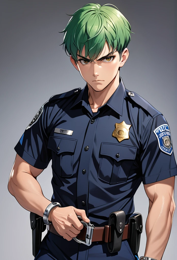 Man, short green hair, Very short hair, Brown eyes, Serious eyes, Athletic body, Athletic build
Police uniform, police uniform, blue police uniform, handcuffs on the belt, handcuffs