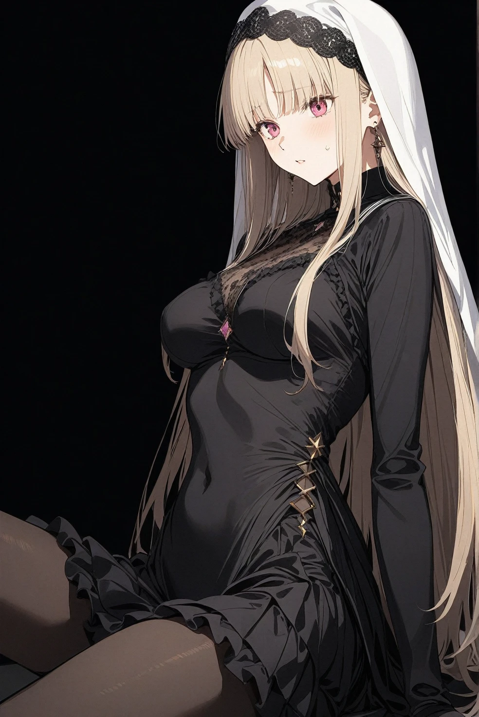 [1girl|solo], (masterpiece:1.1), (best quality:1.1), detailed Contemporary Earth tones Polka-dotted sailor, Light blue covered navel bridal gown, [[nipple slip|covered slip|nipples]:0.2): 0.25], [(NSFW:0.9):(NSFW:0.45):0.25], [[large|medium|medium]:[large|large|medium]:0.55] breasts, girl on top, BREAK [black:aqua:0.75] theme, (black background:1.1), from side, detailed nails,glamorous_outfit,,witch_hut BREAK [blond:white :0.45] hair, sidelocks,blunt bangs,long hair,sidelocks, straight hair, [brown:pink:0.2] eyes, intricate detailed habit,habit, take your pick,