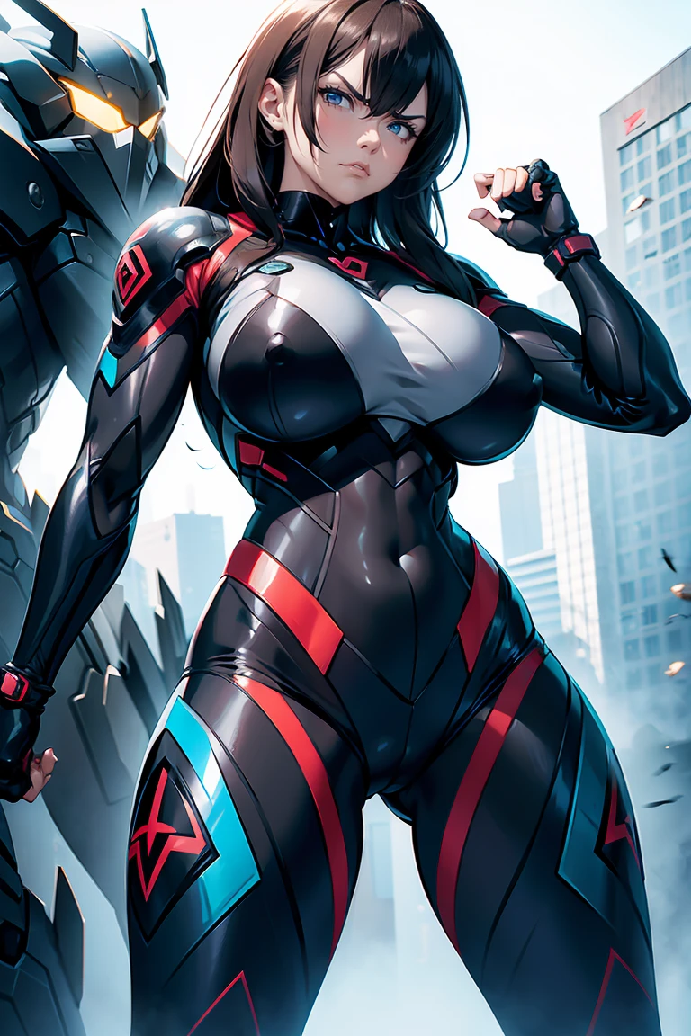 woman in muscular ai suit big tits metriod suit angry face