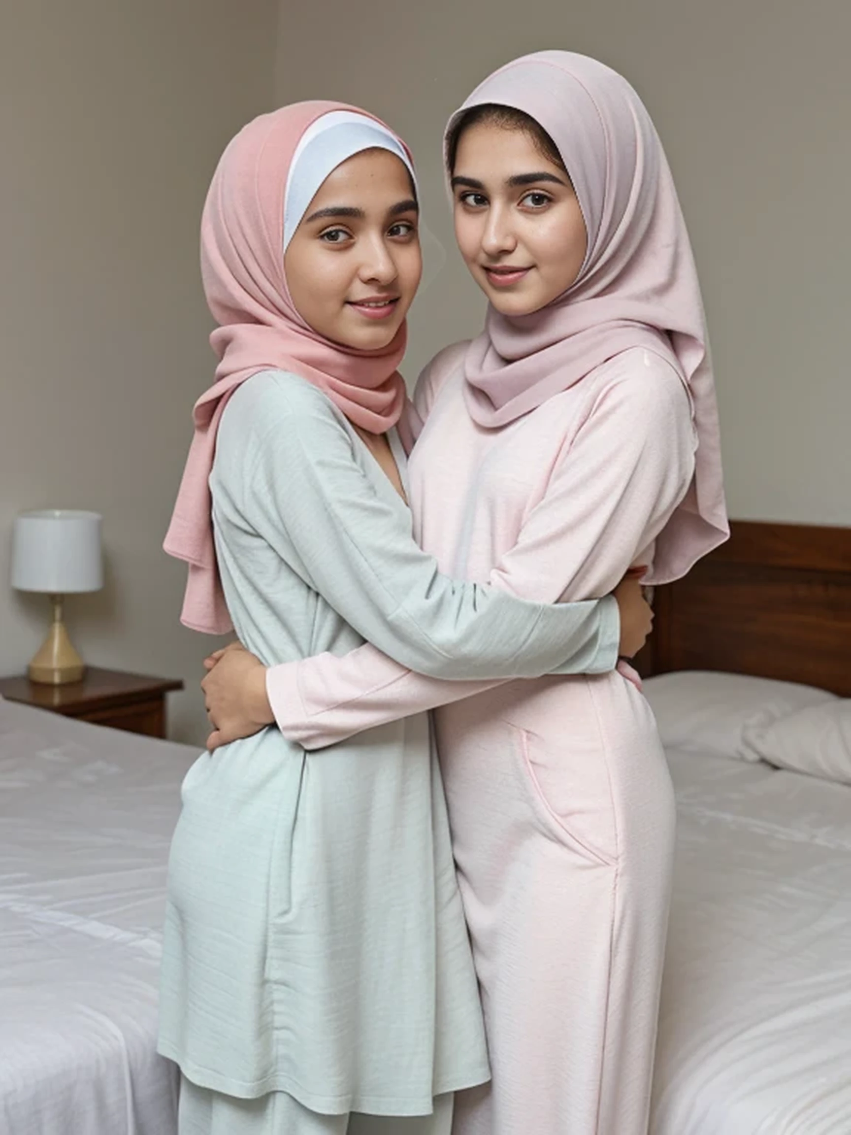 best quality,ultra-detailed,realistic,highres,2 Indonesian hijab girls,beautiful detailed eyes,beautiful detailed lips,seductive sitting poses,kissing,soft lighting,pastel colors,whimsical garden background,traditional floral pattern on their dresses,subtle breeze,romantic atmosphere,exquisite details of their hijabs,flowing fabrics,soft and delicate textures,ethereal and dreamlike,expressions filled with love and tenderness,serene and peaceful ambiance,enchanting garden filled with blooming flowers and lush greenery,subtle rays of sunlight filtering through the foliage,beautifully captured moment frozen in time,natural and authentic emotions,portraits,artistic composition,graceful curves and lines,impeccable harmony between the subjects and the environment,sensual and captivating,harmony and unity in diversity,celebration of love and cultural heritage