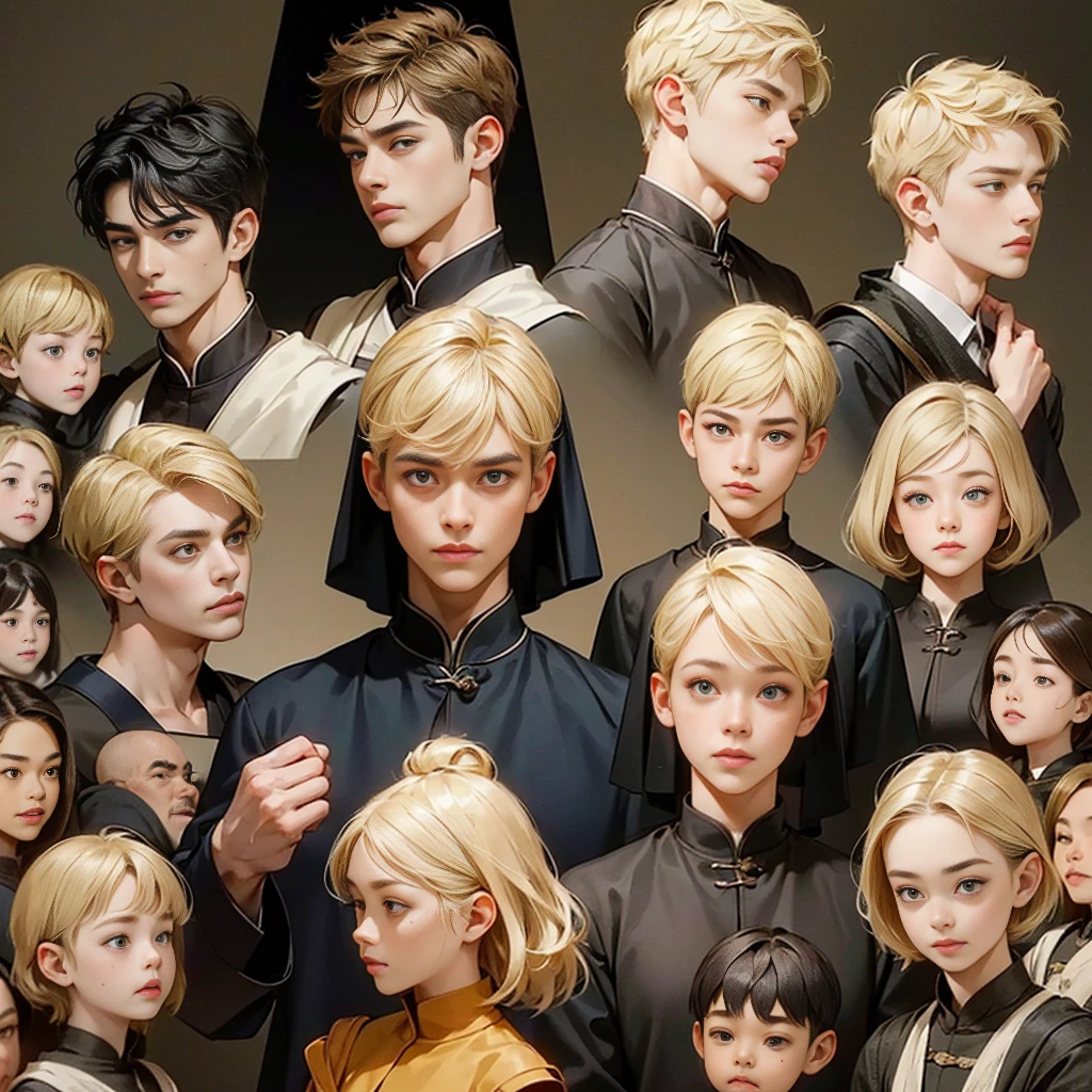 ((expressions sheet)), (simplified face portrait), (half-body), (solo), (1boy), His face is a mix of Asian and Western, Pixie cut hair style, blonde hair color, hazel eyes, big eyes, droopy eyebrows, small lips, medieval clothes, belts, villager, there is a burn on his neck