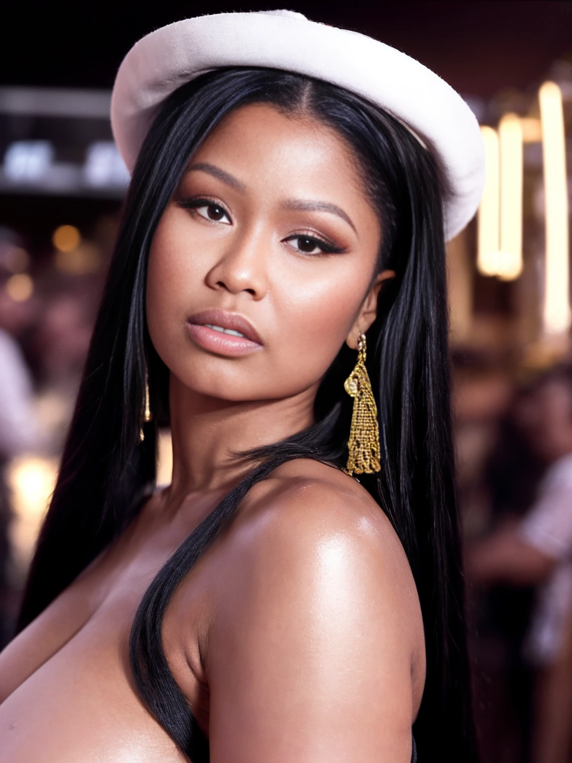 ((THE GIRL IS NICKI MINAJ 1.5)), ((NSFW 1.3, 1.3, NAKE, EXPOSED VAGINA 1.OSED BREASTS 1.2)), Minaj is a famous rapper 1.2, wearing lots of bling 1.2 1.2, wearing lots of jewelry 1.2, holding lots of dollar bills 1.2, wearing gold chain necklace 1.2, wearing a designer cap full of jewels 1.2)), ((FULL BODY SHOT 1.3)), ((20 year old girl 1.2, naughty seductive smile 1.2)), ((beautiful light brown woman 1.2, short shoulder length hair 1.2, short and curvy girl 1.2, very curvy body 1.2, voluptuous 1.2)), ((big breasts 1.2, very .2, curvy figure 1.2, extremely alluring figure 1.2)), ((perfect cleavage 1.2, perfect ass 1.2, peminine body 1.2, perfecurvy proportions 1.2)), (masterpiece, best quality:1.2), 1girl, solo, (best quality,4k,8k,high resolution,masterpiece:1.2), realistic (1.37) girl, ((hyper realistic 1.2)), ((highly detailed face 1.2, Detailed facial features 1.2)), ((showing her ass to the viewer 1.2, dynamic action pose 1)), ((club 1.2, dance floor in a night club 1.2, disco lights 1.2, surrounded by dancing people 1.2))
