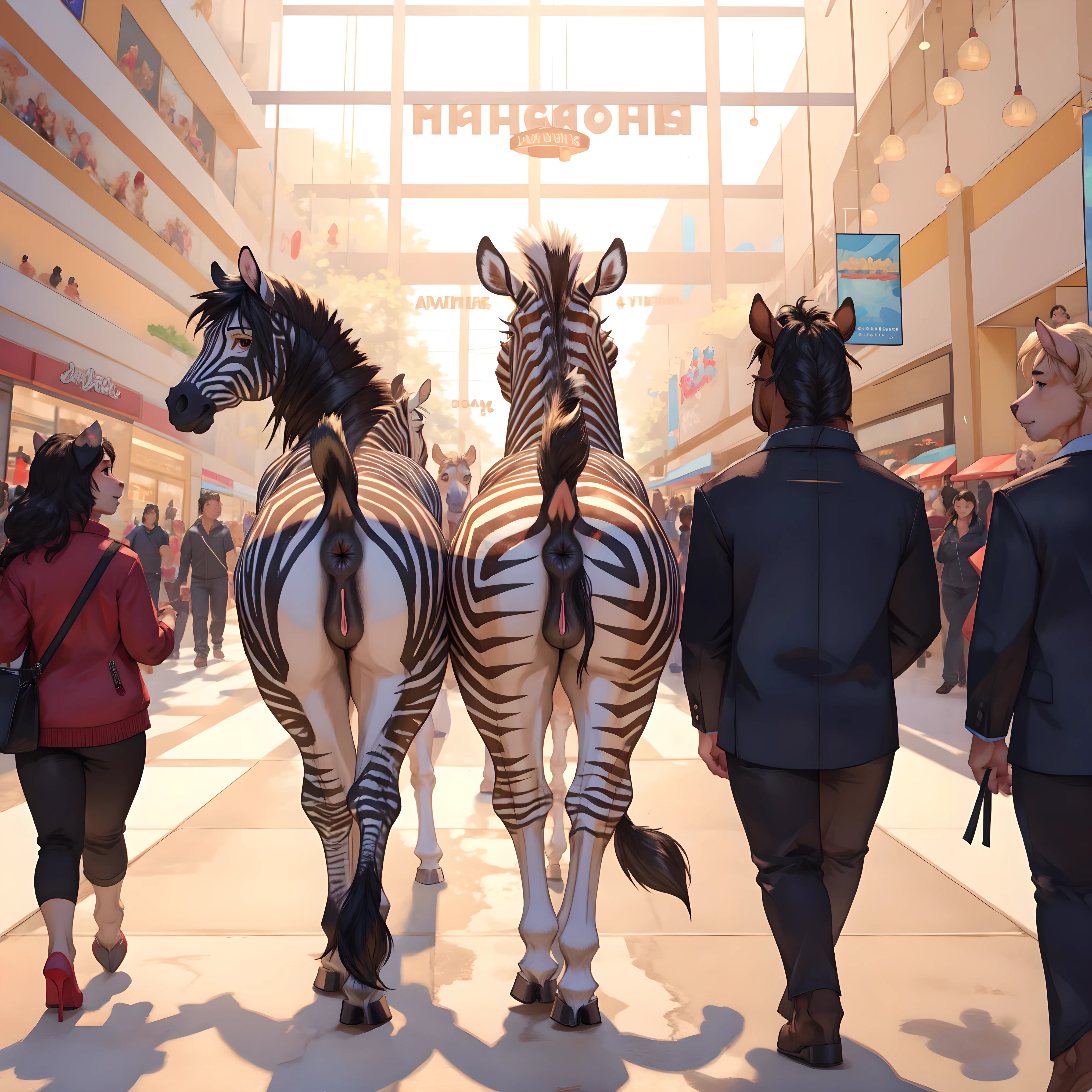 feral zebra , female, horse pussy, anus, butt, walking , mall, people on the background 