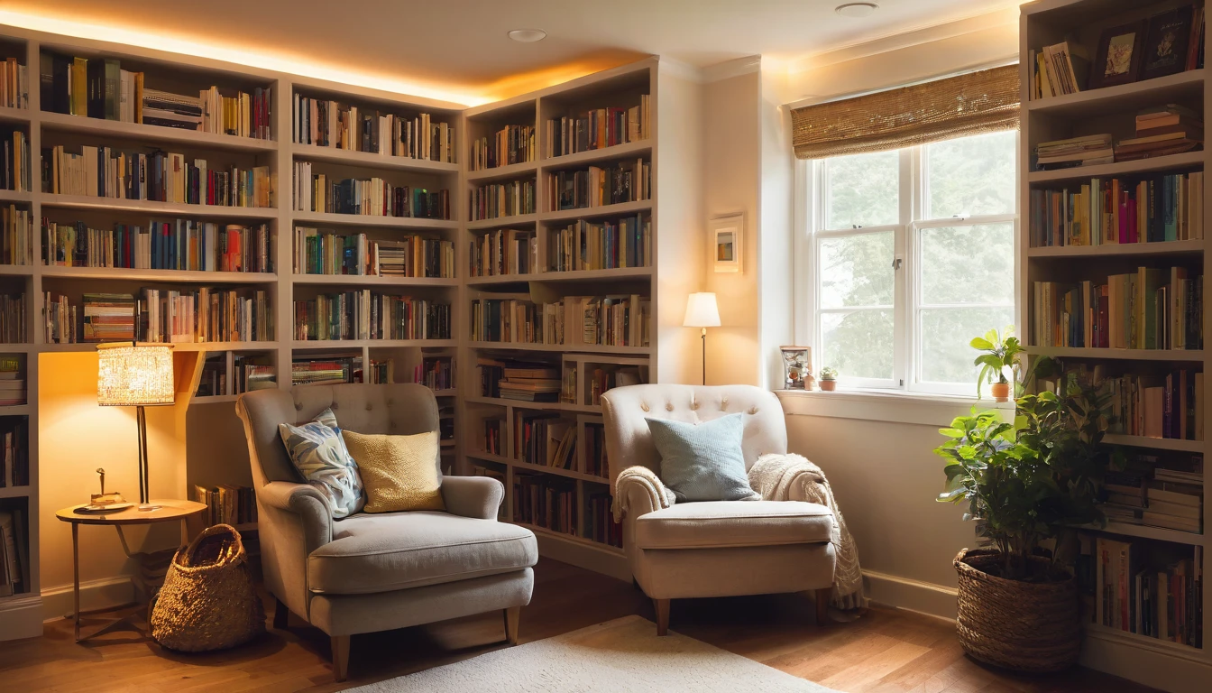 Illustrate a cozy reading nook with shelves of books, a comfy armchair, and soft lighting.
