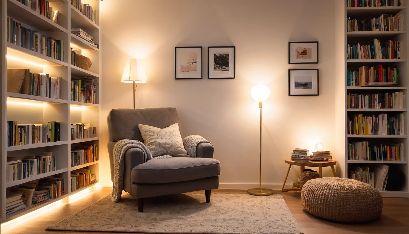 Illustrate a cozy reading nook with shelves of books, a comfy armchair, and soft lighting.