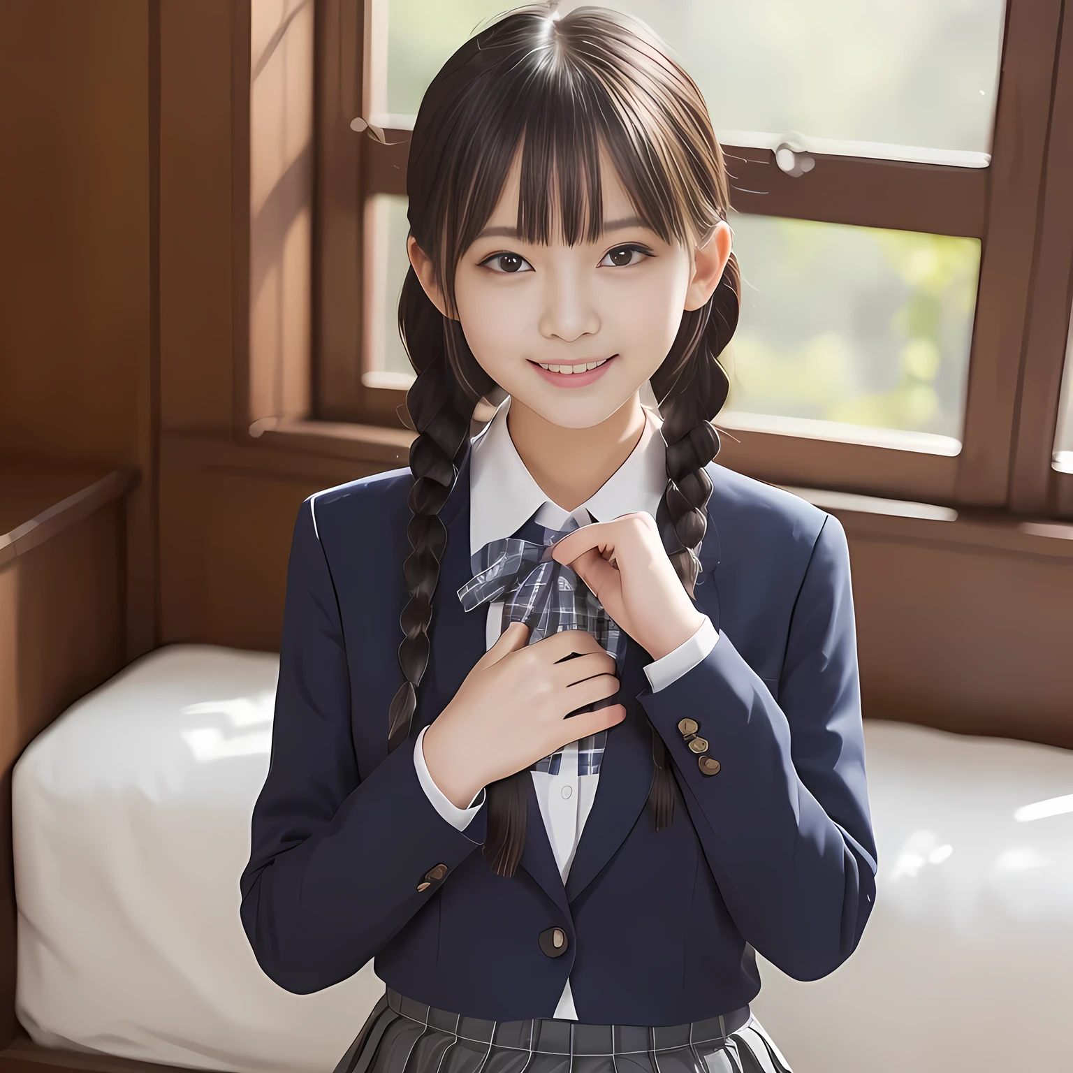 (highest quality, masterpiece:1.2), highest quality, High resolution, 1080P, 8K, Height: 158cm, ((Like a beautiful girl in my dreams、A very intelligent, very noble, pretty and pure beautiful girl.、With the best smile、Looking at the audience、Hands over their mouths, Realistic fashion model photos)), A face that everyone loves, (((A plump, white, round face))), Glossy lips, Even bangs, ((Very beautiful dark eyes)), The very large red shiny wide ribbon bowtie is very cute., ((Black Hair)), ((long twin braids)), (((A long, neat, dark navy blue checked pleated skirt))), (((Dark blue winter long sleeve blazer))), How to wear a neat uniform, Very lustrous, glossy lips, Open hand over open mouth, Ribbon in hair, slender, The ribbon is big and very pretty., Beautiful hair like a hair model, Long skirt
