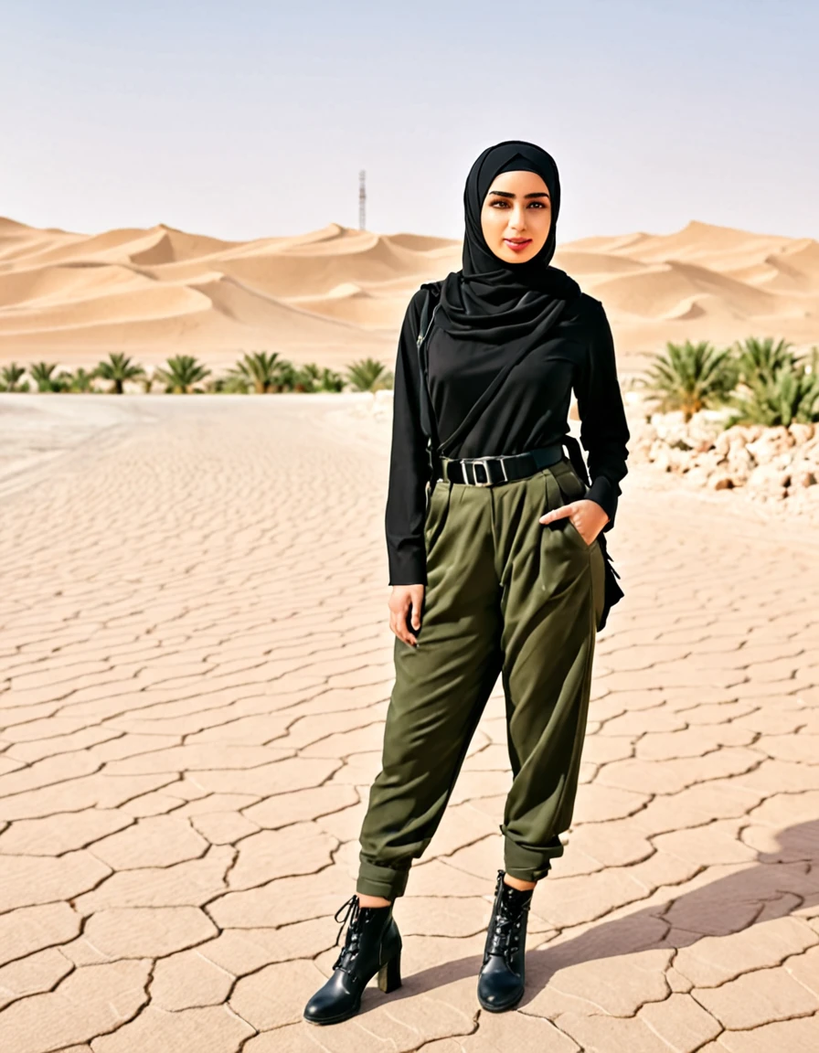 Arab woman in black short hijab in military clothes standing in desert street 