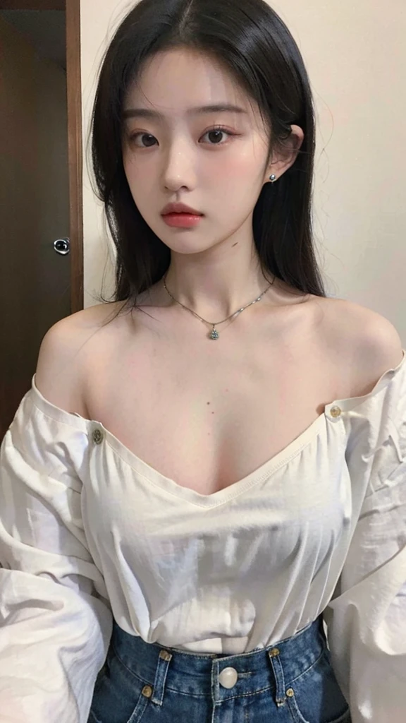 (masterpiece:1.2), actual, 18 years old photo.o girl wearing loose shirt(The shirt is unbuttoned), half, best quality, Large Breasts, Bare shoulders, Clive Arch, National Foundation, [[Hands behind back]], earrings, Full shirt, Black necklace, solitary, [SFW]，Leaking nipples