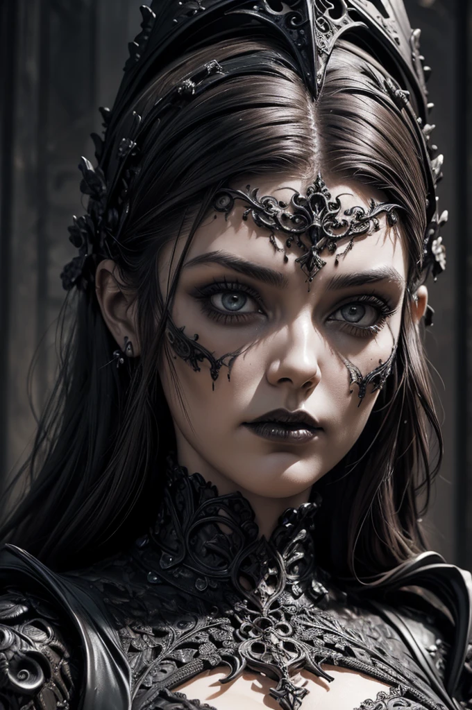 a close up of a sculpture of a woman's face with a gothic style head, gothic face, gothic art style, detailed 3d gothic oil painting, gothic art, baroque dark art, hyperrealistic art nouveau, intricate sculpture, ornamental gothic - cyberpunk, intricate face, detailed face ), symmetical face, neogothic art, gothic influence, gothic and baroque