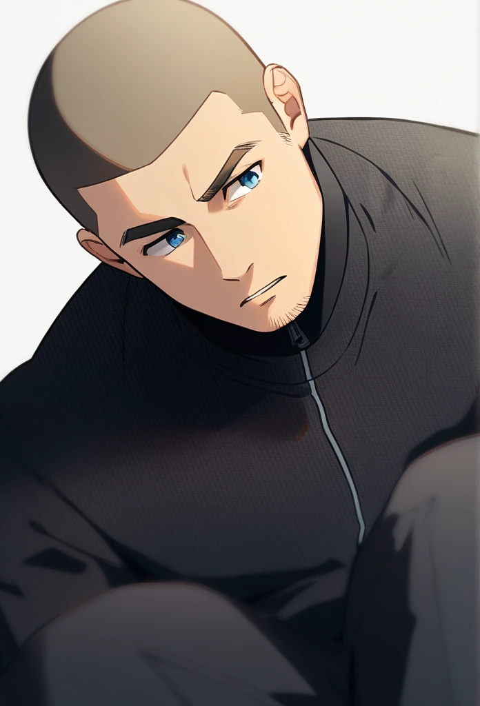 1boy, male focus, sitting facing, sitting with legs open in front, head against the wall, facing, head thrown back, muscular male, muscular, bara, defined abs, upper body, solo, huddled pose, looking down, serious, very short hair, buzzcut, stubble, light brown hair, clear blue eyes, parted lips, black turtleneck outfit, black cargo pants, black boots, bottom-up view camera, white background, simple background, best quality, amazing quality, best aesthetic, absurdres, year 2023