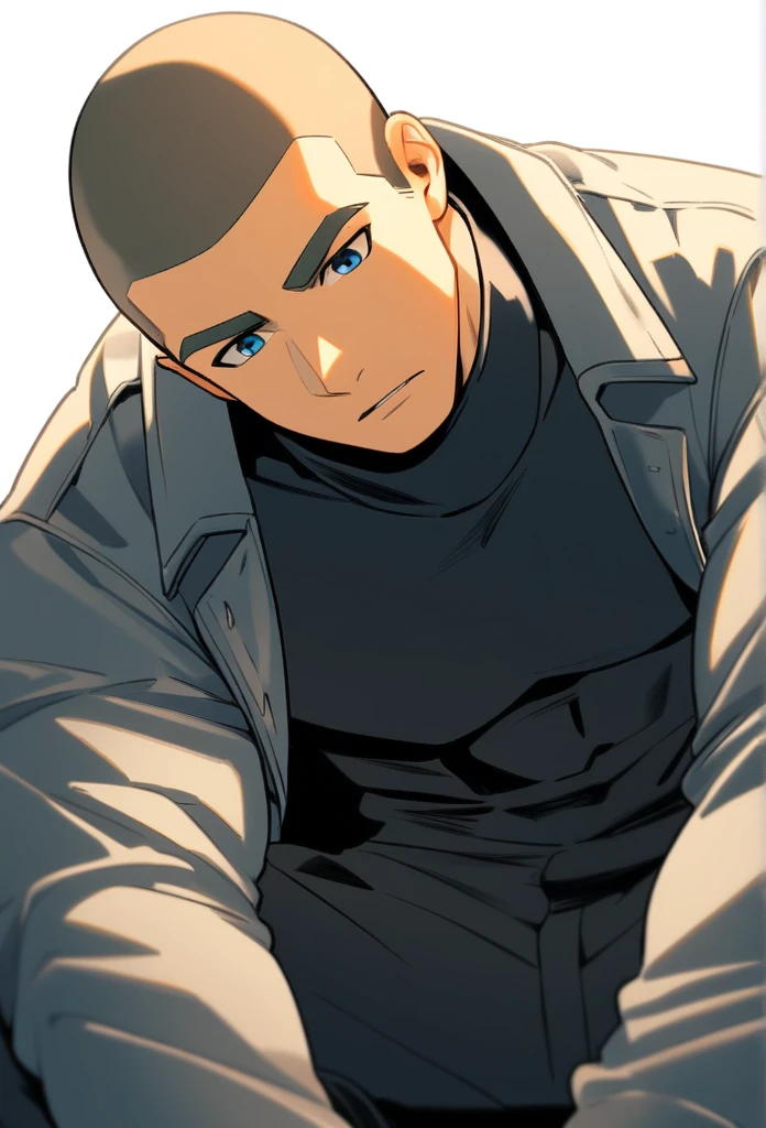 1boy, male focus, sitting facing, sitting with legs open in front, head against the wall, facing, head thrown back, muscular male, muscular, bara, defined abs, upper body, solo, huddled pose, looking down, serious, very short hair, buzzcut, stubble, light brown hair, clear blue eyes, parted lips, black turtleneck outfit, black cargo pants, black boots, bottom-up view camera, white background, simple background, best quality, amazing quality, best aesthetic, absurdres, year 2023