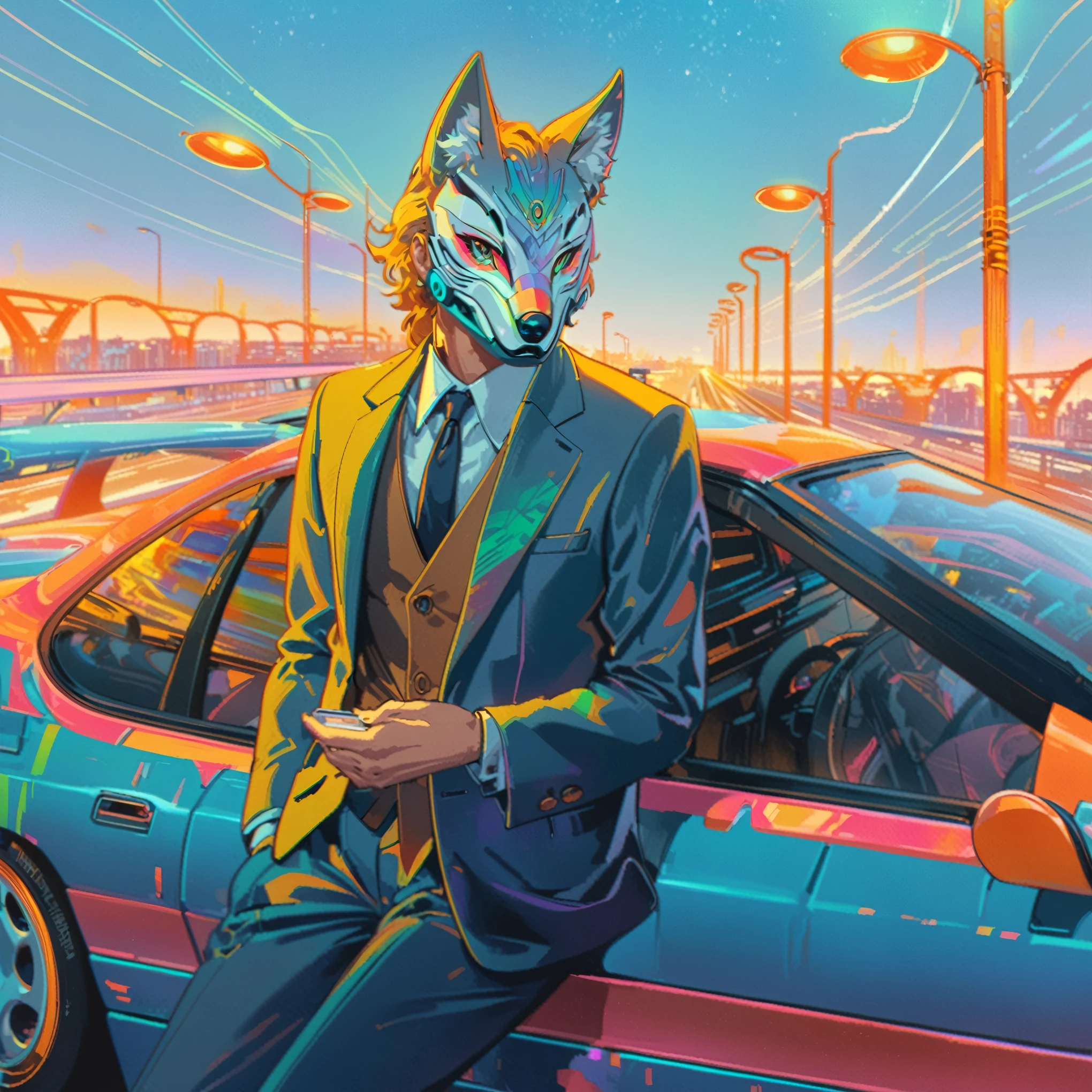 A man in a suit and tie stands next to a car, Just a joke, An anthropomorphic cyberpunk fox, Cathy Weldon, synthwave art, Epic retro wave art, masterpiece Epic retro wave art, author：Justin Gerard, synthwave art style, synthwave art style ]!!, kilian eng bright colors, author：Jason Benjamin
