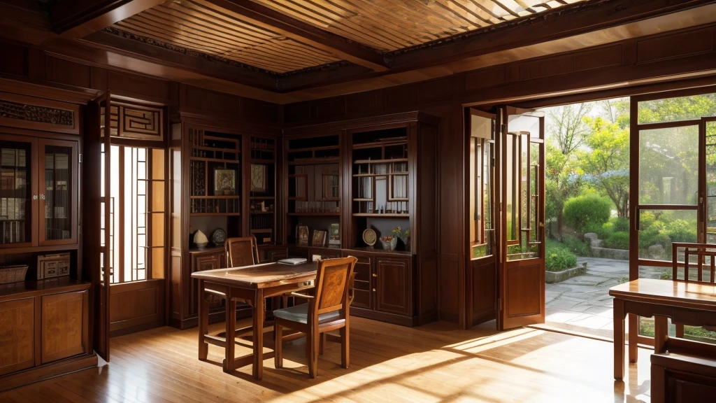 This is a horizontal version 16:9 Realistic paintings,A study room with a full bookshelf as the background wall,There is a Chinese-style desk in front of the bookshelf.,On both sides of the desk are three Huanghuali armchairs for the host and the guest respectively.,Sunlight shines through the window into the house,Make your home as bright as the outdoors。Through the window you can see the unique Jiangnan garden outside。