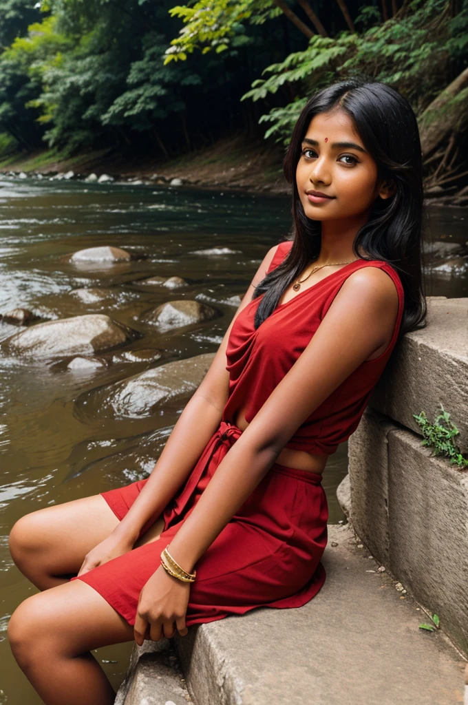 Indian girl sitting near the river.