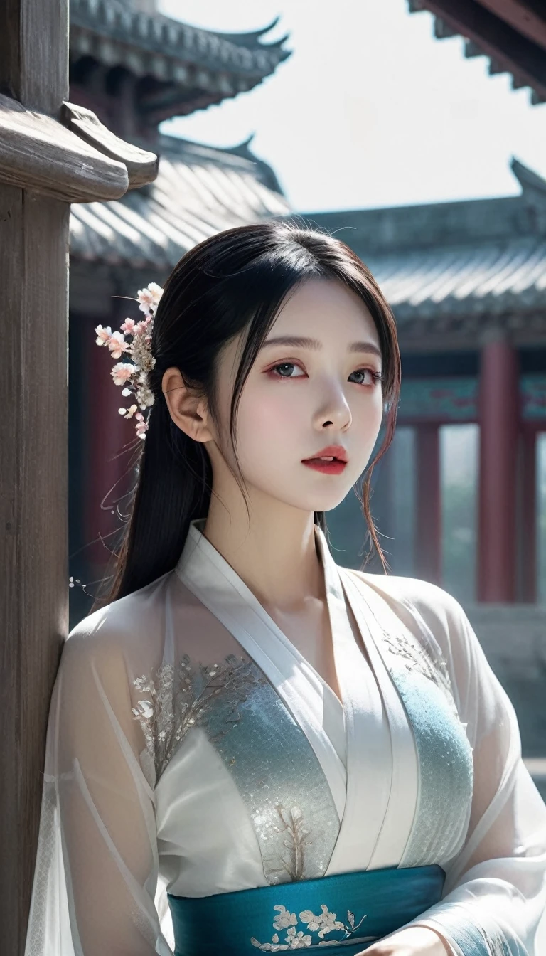 1girl, solo, white see through hanfu, ancient chinese architecture, large breast out, (photorealistic:1.4), official art, unity 8k wallpaper, ultra detailed, beautiful and aesthetic, masterpiece,best quality, (dynamic angle:1.4), glowing skin, (floating colorful sparkles:1) the most beautiful form of chaos, elegant, a brutalist designed, vivid colours, romanticism