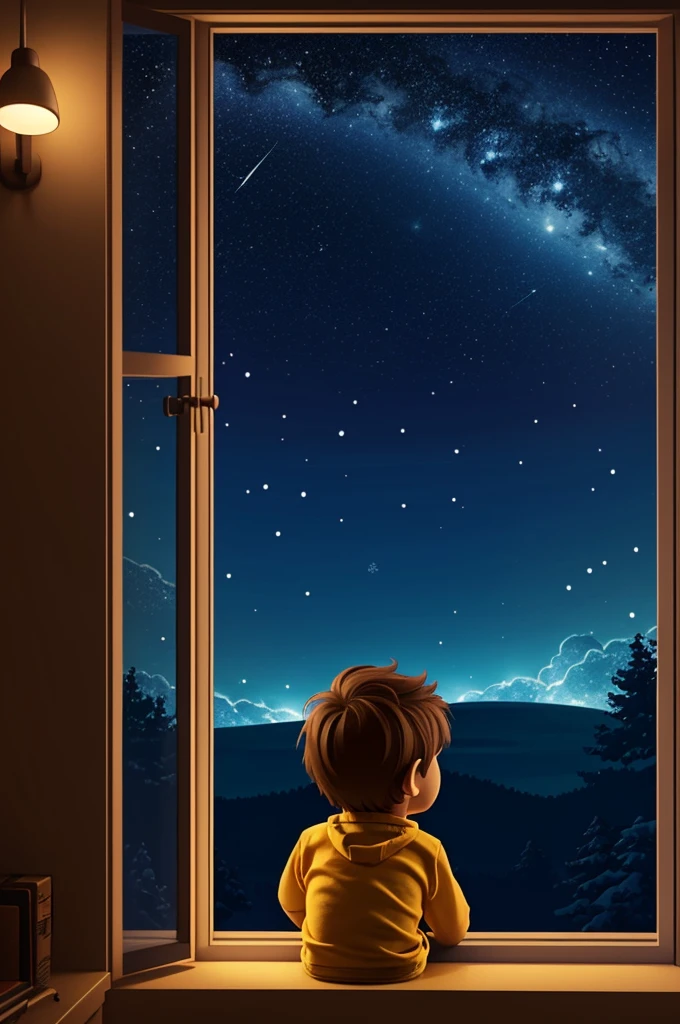 Cartoon illustration of a boy looking out of the window, many stars , night mode m. 3D Pixar animation