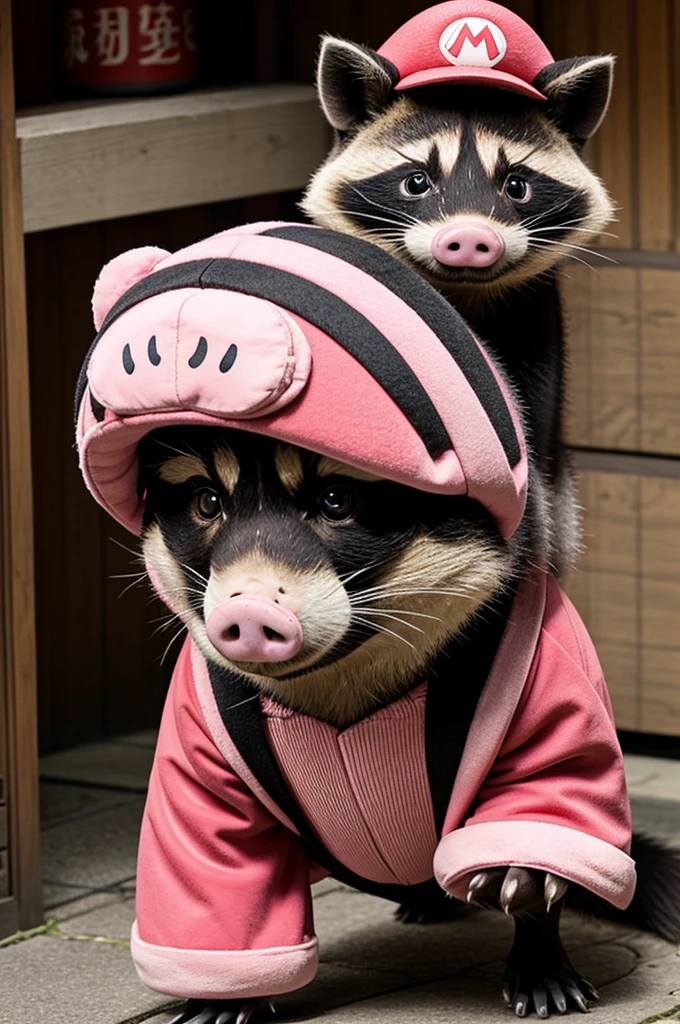 Generate an image of Mario bros. Pink pig costume. Similar to his raccoon costume. And may they generate the power to drink sake.