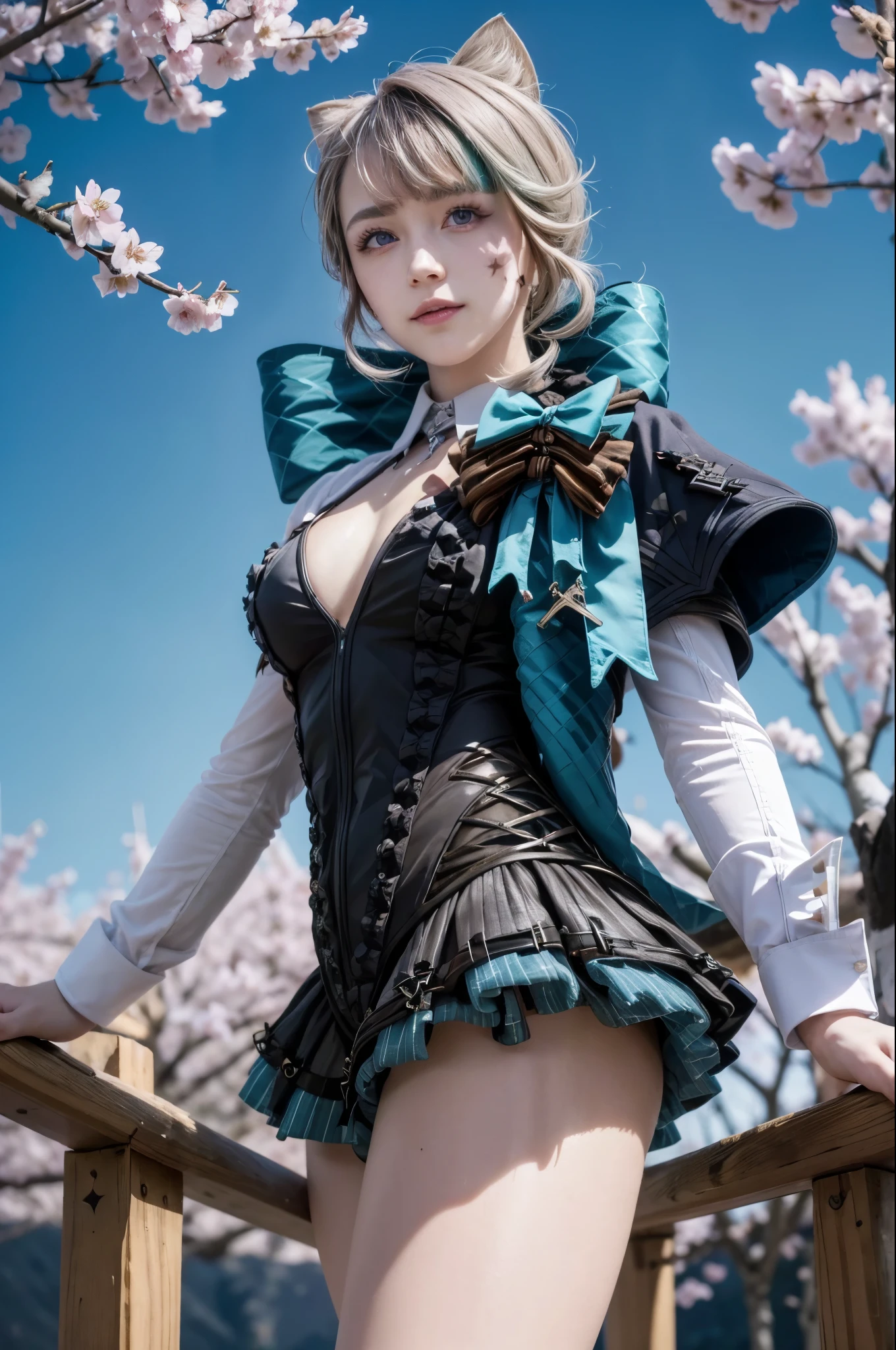 (masterpiece, Best Quality, Glowing light, Glistening, Shiny skin, ultra-detailliert, Detailed background, Complex background), (Perfect face, Detailed face, Detailed eyes, Perfect hands, Perfect fingers), (Small boobs:1.2, Smile), (mature female:1.4), Cowboy Shot, Chic,
Lynette, ((Gradient Hair)), Gradient Eyes, (Glowing eyes:1.3), mascara, (fashion make up), Parted lips, Animal ears, Cat ears, animal ear fluff, Bow, The tail is growing, tail, Cat tail, pantyhose, Long sleeves, Black Gloves, braid, Skirt, Black pantyhose,
((mountain ranges, waterside, cherry trees, Cherry blossom petals, Dark blue sky)), ((hyper detailed background)), Dynamic Poses, ((8K Wallpaper)),