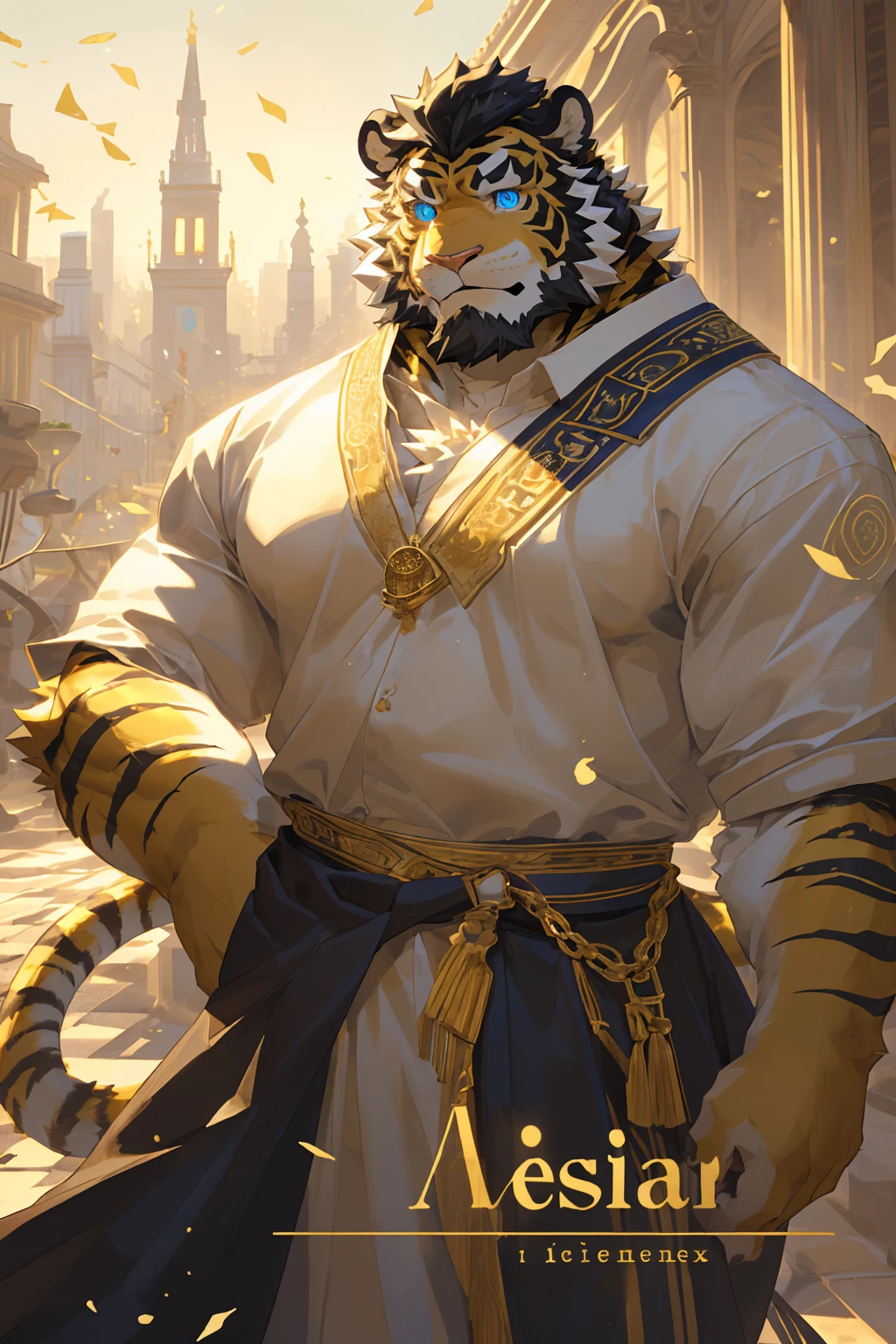(Scarred body),(White regular clothes:1.5),king,16k high quality detailed art,(White regular clothes:1),(Golden Tiger:1.1), (((White and golden fur:1.5))),(Duotone),(A pair of eyes of different colors, One eye has a golden eye,The other eye has a blue eye:1.7),(Both eyes are the same size:1.4),(Muscular body:1.3),Handsome,(OK),(Perfect face),(Gold and white skin:1.3),(Full body description:1.3),Publaz, (Golden Tiger:1.1), (((Gold and white fur:1.3))),Handsome, (OK),Express,(Beautiful outdoor background),(joy:1.3),(Golden Tiger tail),不同的Express,(A perfect masterpiece),(32k),(Abdominal muscles:1.3),(((middle aged:1.4))),(36 years old),(Gold Stripes),alone,(Black sideburns:1.2),(black beard:1.3),(Black Chin:1.3),(golden face pattern:1),(Very rich facial details:1.3),(Strong),(Mighty pose:1.3),Front view,(CG),(HD),(Black hair),Full body portrait,(Detailed background:1.3)