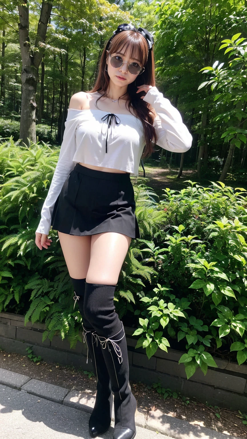 (8K、RAW Photos、Highest quality、masterpiece:1.2)、(Realistic、Photorealistic)、1 Girl、((forest、Off the shoulder、、Black Mini Skirt、Ribbon on chest、Blonde、Knee socks、boots、Big Breasts、Look forward、Are standing))、