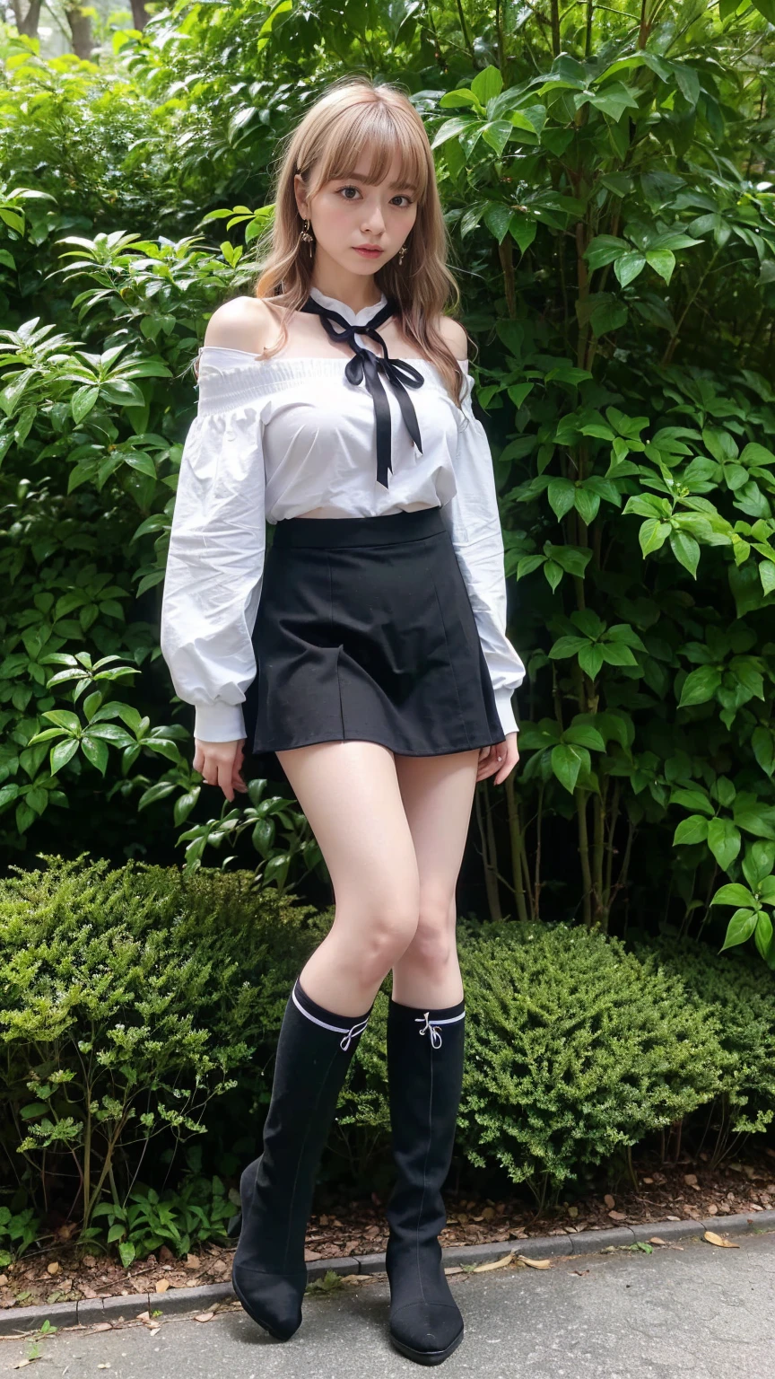 (8K、RAW Photos、Highest quality、masterpiece:1.2)、(Realistic、Photorealistic)、1 Girl、((forest、Off the shoulder、、Black Mini Skirt、Ribbon on chest、Blonde、Knee socks、boots、Big Breasts、Look forward、Are standing))、
