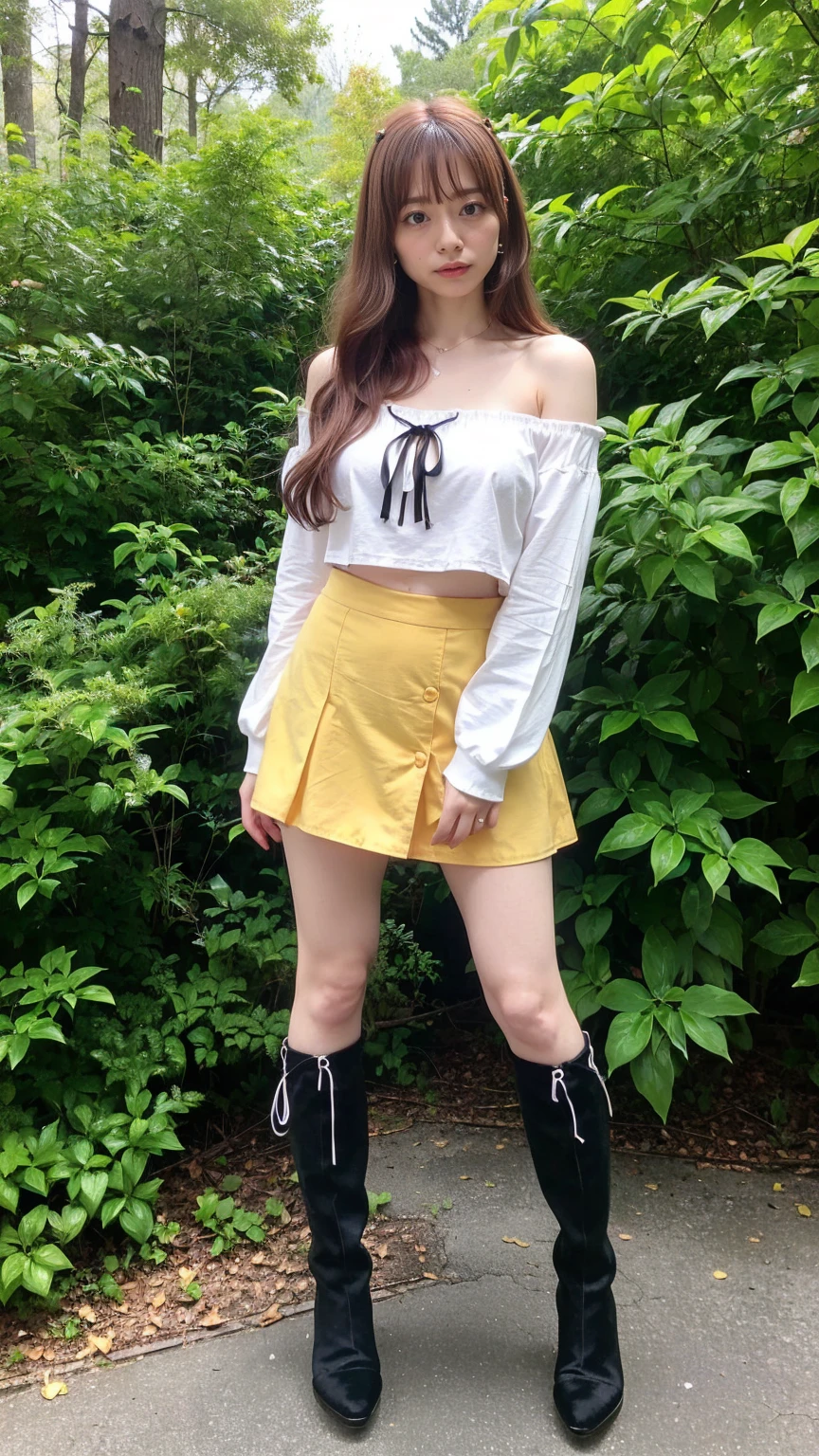 (8K、RAW Photos、Highest quality、masterpiece:1.2)、(Realistic、Photorealistic)、1 Girl、((forest、Off the shoulder、、Black Mini Skirt、Ribbon on chest、Blonde、Knee socks、boots、Big Breasts、Look forward、Are standing))、