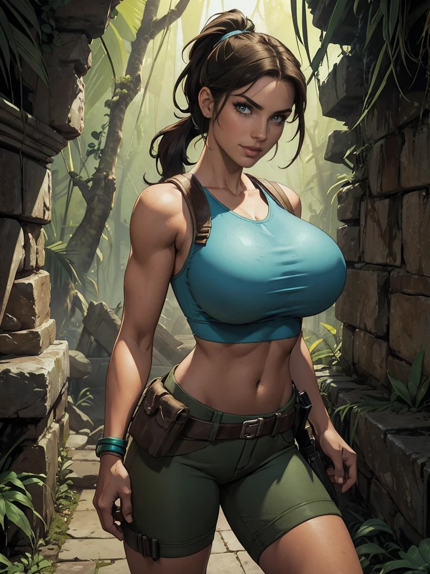 (masterpiece, top quality, best quality, official art, beautiful and aesthetic:1.2), (1girl:1.3), brown hair, ponytail, extremely detailed, portrait, looking at viewer, solo, (full body:0.6), detailed background, close up, mischievous eyes, (cool Incan ruins theme:1.1), pleasant smile, brunette, aquiline nose, green eyes, ponytail, ((gigantic breasts)), (thin), athletic, Lara Croft. Wearing a sleek light blue sleeveless top, brown shorts, boots, shoulder harness, backpack, holsters, utility belt, slim waist, slim hips, long legs, ancient (jungle ruins exterior:1.1) detailed background, bright optimistic lighting, shadows, magical atmosphere, dutch angle,
