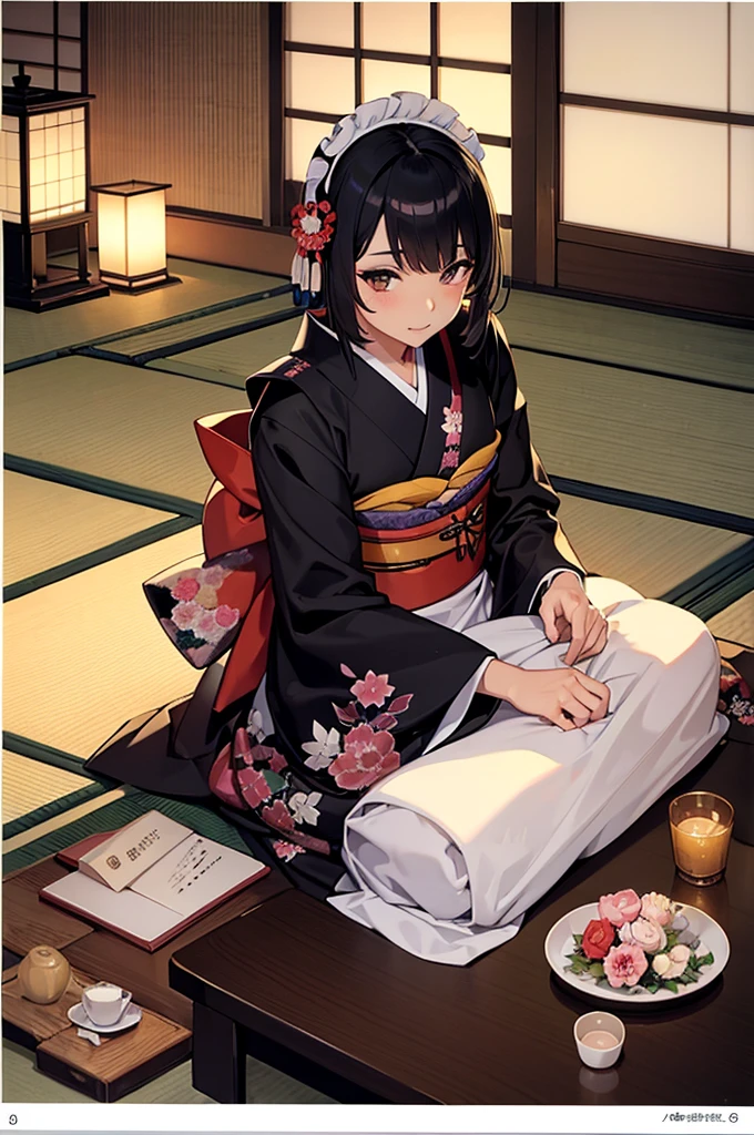 Mature Woman,(((Japanese style maid))),(((kimono,Maid&#39;s Headband))),(Detailed Description, High resolution，8k wallpaper，masterpiece，Highest quality,Depth of region,Anatomically accurate depiction,A face with attention to detail, Eye for detail,Nice hands, Perfect Fingers,eyelash,(Brightly glowing purple eyes,There is cleavage in the chest,Big Breasts),Perfect body,Depict the whole body,