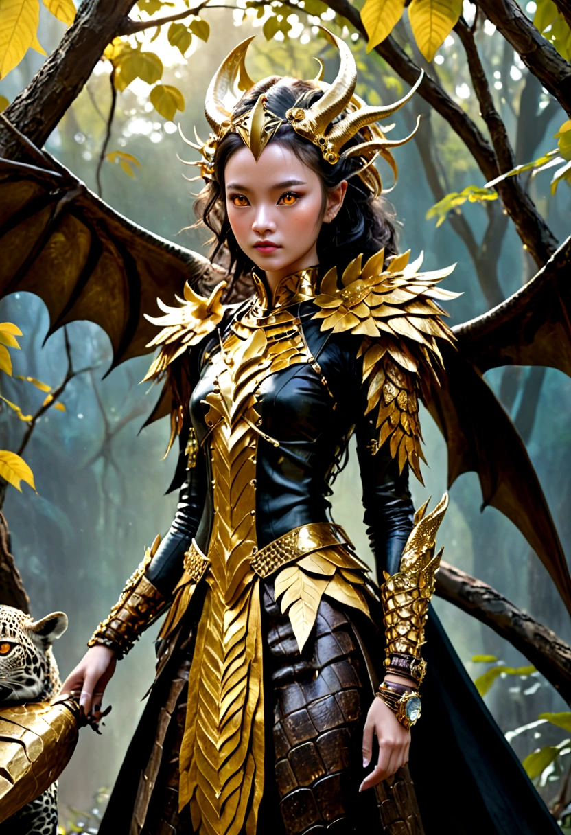 YOUNG WOMAN, YOUNG GIRL, a strange creature, full of secrets, mysterious, HAS huge pitch black bat wings, clothes made of pure gold leather, flat facial expression, eyes clear and clear and glazed with a cold gaze, her head grows the feathers of an Eagle's wings, His waist was tied made of tree roots, he wore trousers made of dragon skin, his arms were covered with three layers of thick tree bark armor, and on his left and right arms were bracelets made of golden jade gems. In his left and right hands he holds a SWORD made of sparkling golden stone. Her shoes were made of rhinoceros skin, and the beautiful young woman wore a crocodile skin covering around her neck, on the tree was a leopard. original photo, original photography, natural, professional. Make it a masterpiece
