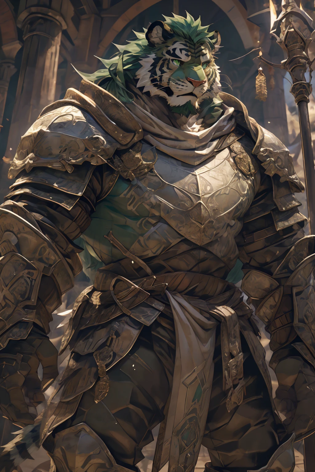 (淡翠色tiger),(Medieval War Armor:1.2),(Medieval Armor:1.3),Holding a spear,Awesome posture,Standing proudly and confidently,(The background is an endless sea:1.2),Abdominal muscles,Heroic飒爽,完美的masterpiece,Various facial details,Close-up view,specific description,masterpiece,cg,(Pale green eyes),Light green pattern,Light green tail,Military commander,(Heroic),tiger,Emerald fur,Detailed facial details,Half Body,,(Long feather),((middle aged)),(Face Focus),(16K),HD,Green and white belly,temple,beard,(Face lines),Heterochromia,(Emerald green battle robe),(Emerald green hair),Strong,muscle,(high resolution:1.3),Weeds underfoot