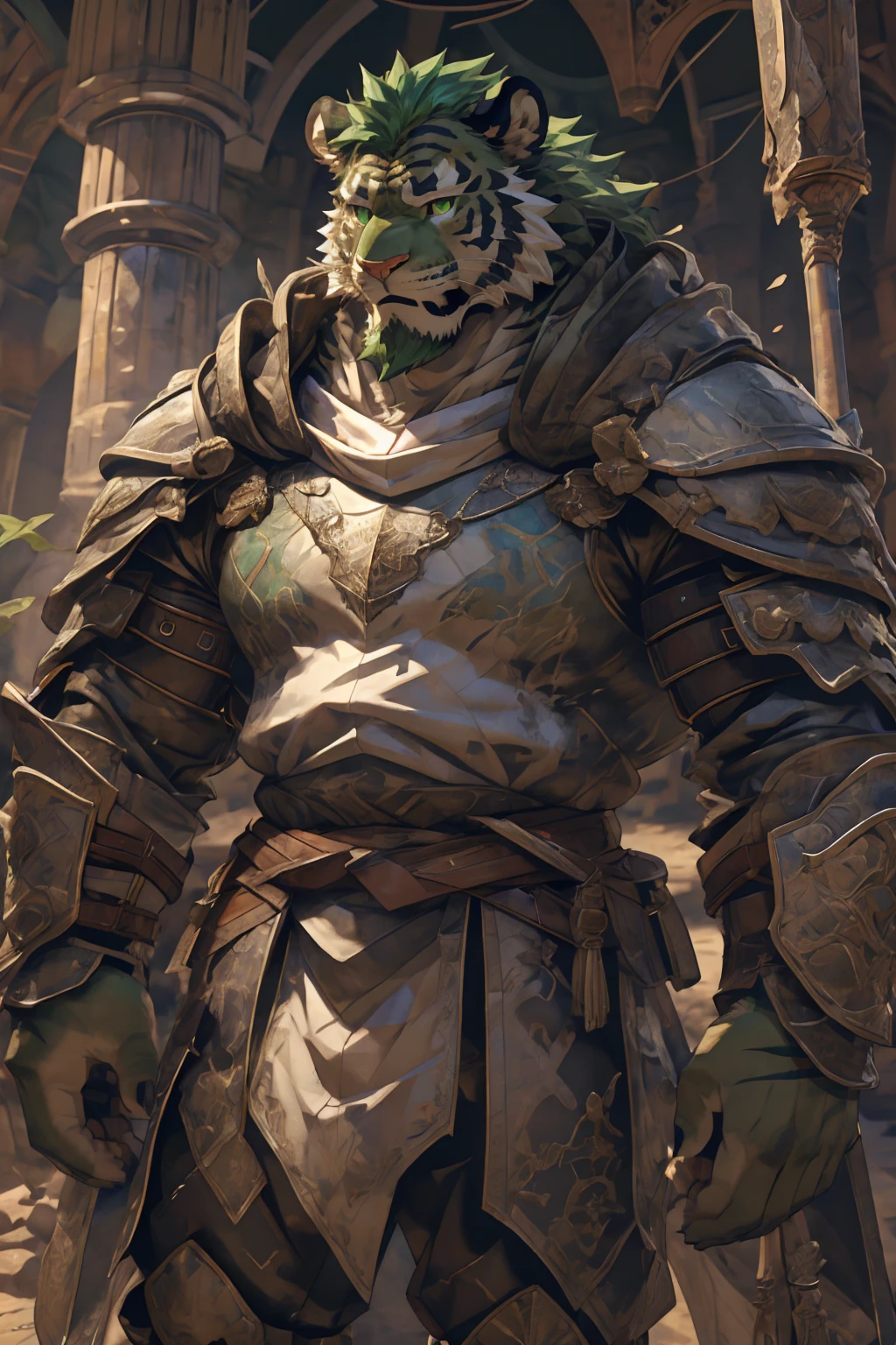 (淡翠色tiger),(Medieval War Armor:1.2),(Medieval Armor:1.3),Holding a spear,Awesome posture,Standing proudly and confidently,(The background is an endless sea:1.2),Abdominal muscles,Heroic飒爽,完美的masterpiece,Various facial details,Close-up view,specific description,masterpiece,cg,(Pale green eyes),Light green pattern,Light green tail,Military commander,(Heroic),tiger,Emerald fur,Detailed facial details,Half Body,,(Long feather),((middle aged)),(Face Focus),(16K),HD,Green and white belly,temple,beard,(Face lines),Heterochromia,(Emerald green battle robe),(Emerald green hair),Strong,muscle,(high resolution:1.3),Weeds underfoot